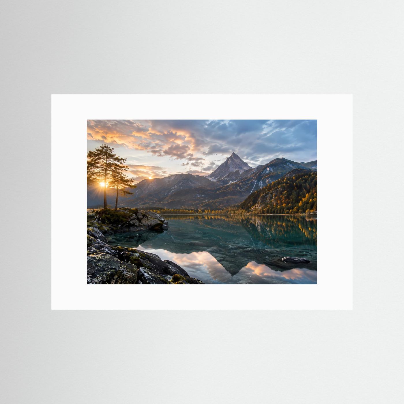 Poster im Querformat mit weißem Passepartout: Bergsee mit Spiegelung und Sonnenuntergang.