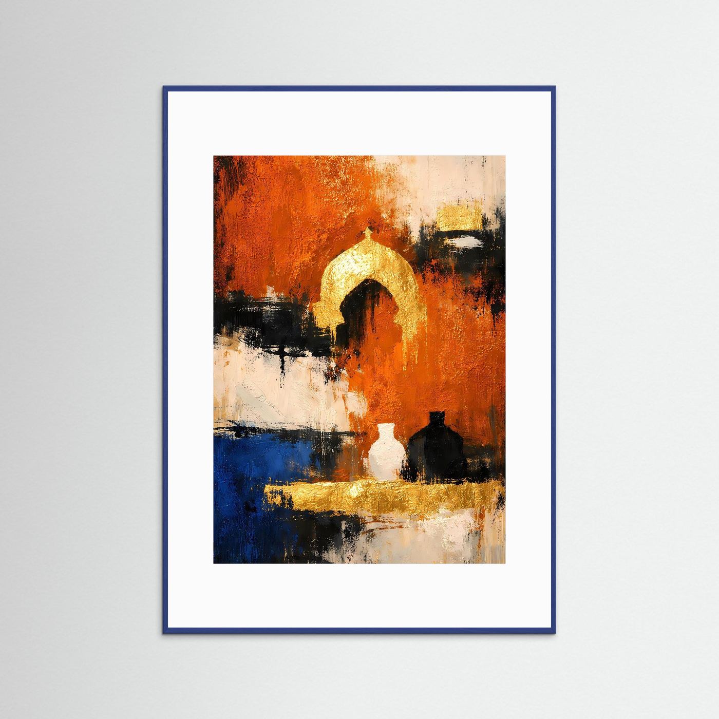Abstraktes Wandbild: blauer Rahmen, goldener Bogen, Orange, Blau und schwarze Formen