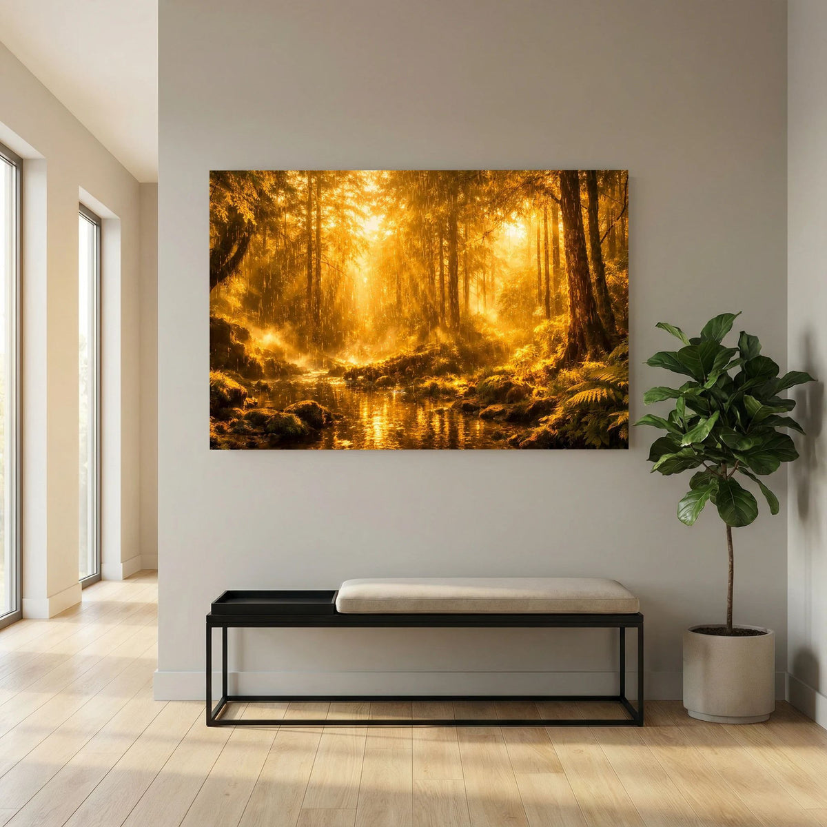 Wandbild mit goldener Waldlandschaft und Fluss über Bank im Wohnbereich