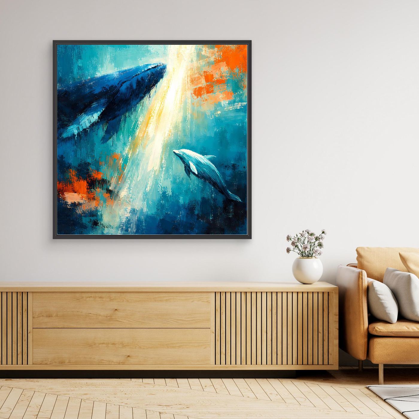Leinwand Majestätischer Wal und Delfin im Lichtstrahl | Abstraktes Meeres Wandbild