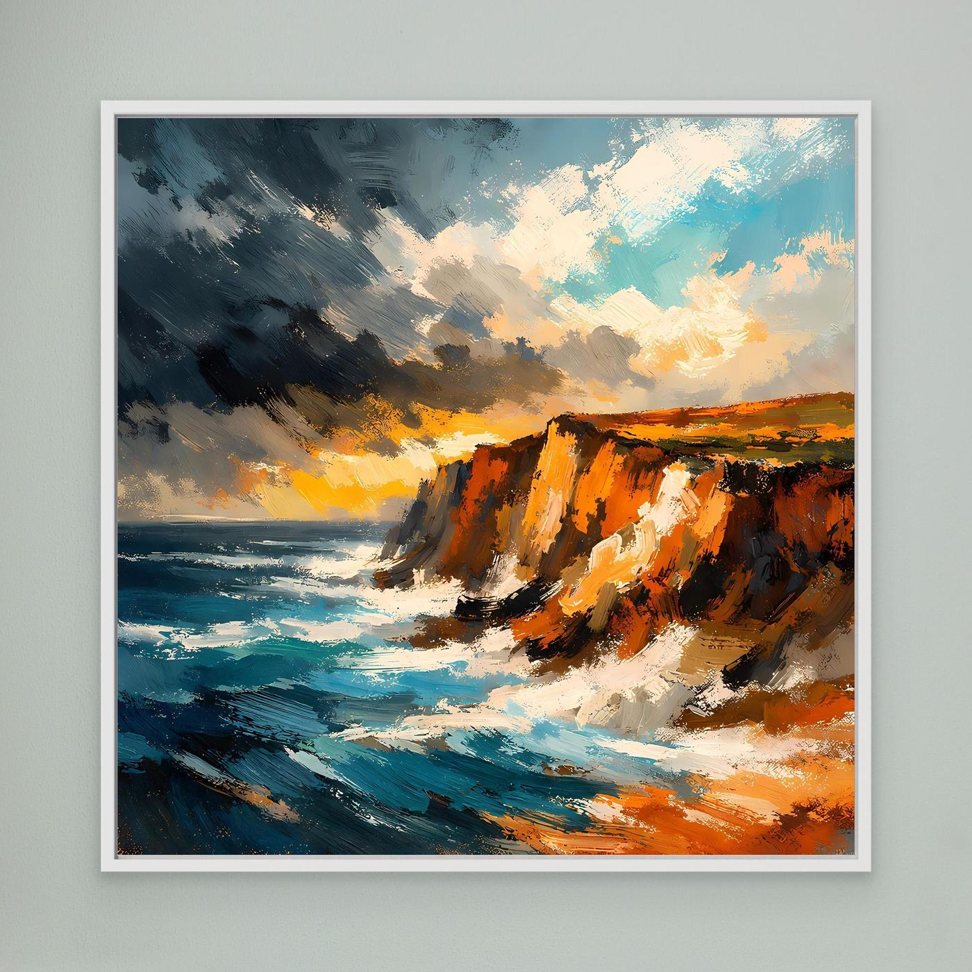 Premium Leinwand Dramatische Steilküste am Ozean | Abstraktes Klippen Wandbild stürmisch