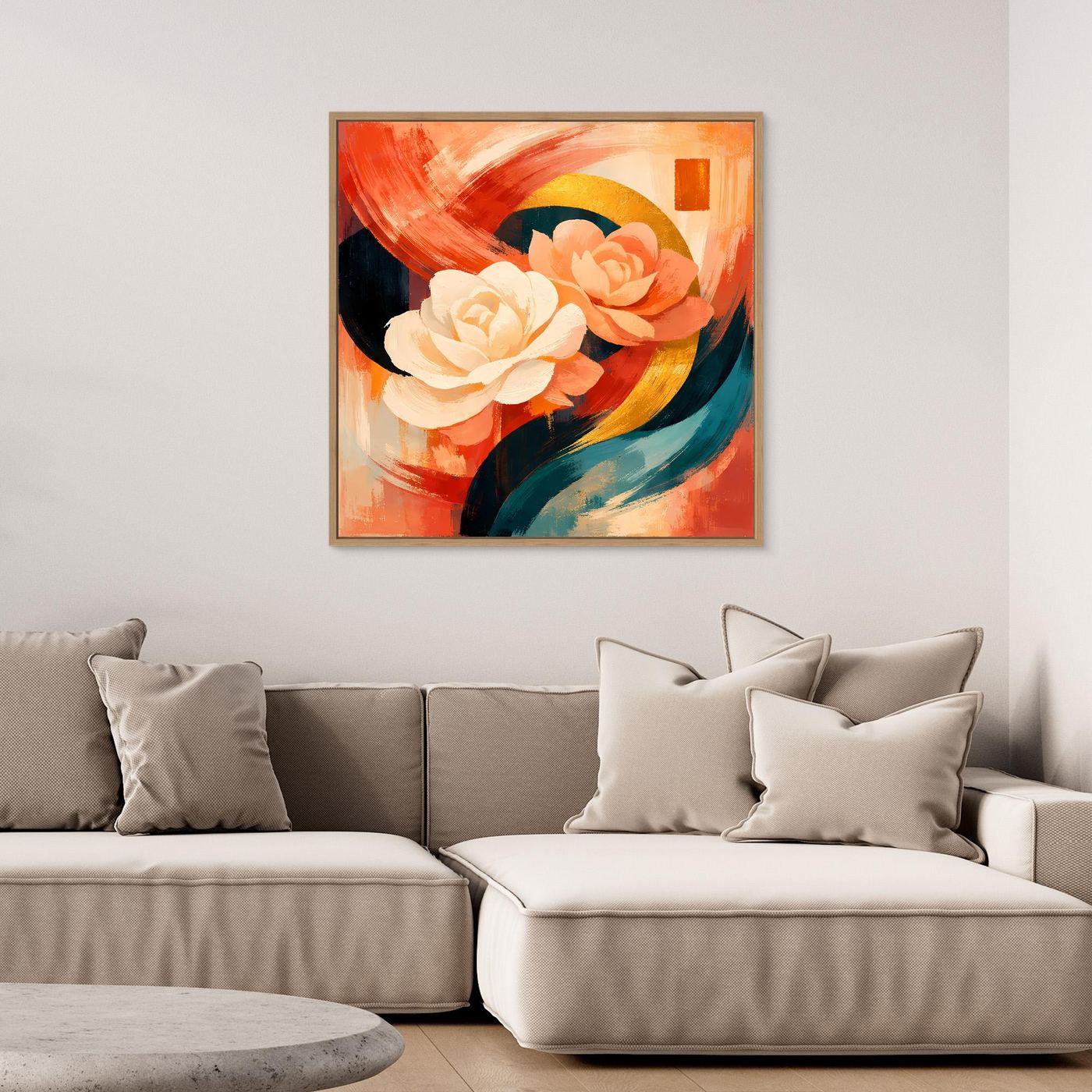 Leinwandbild mit abstrakten Rosen, warmes Orange-Creme-Motiv, mit goldfarbenem Rahmen