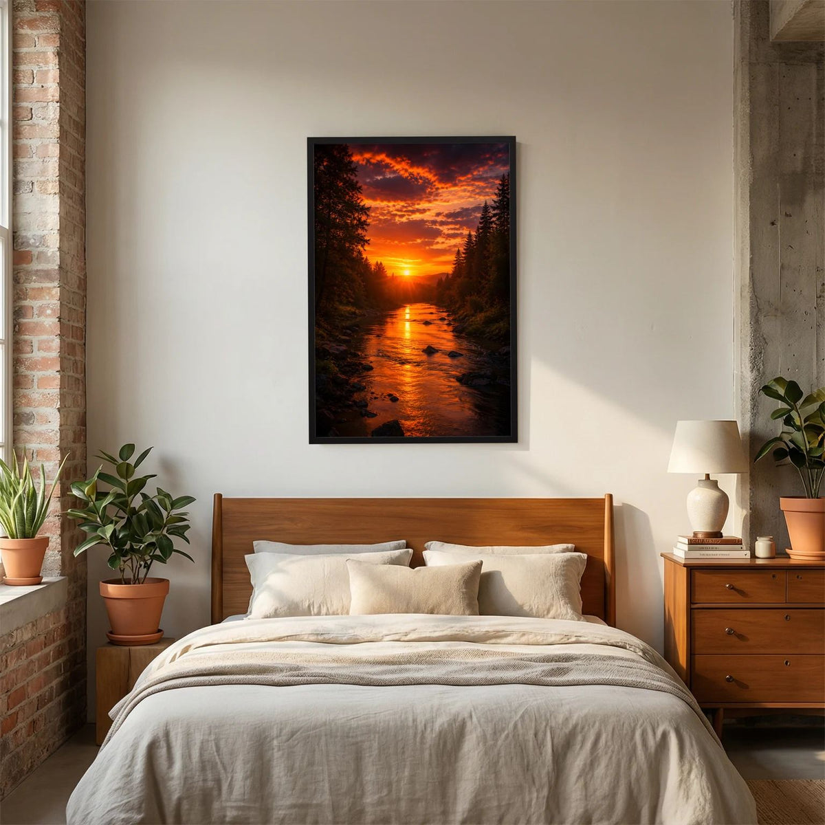 Natur-Wandbild im Hochformat: Fluss im Wald bei Sonnenuntergang, schwarzer Rahmen