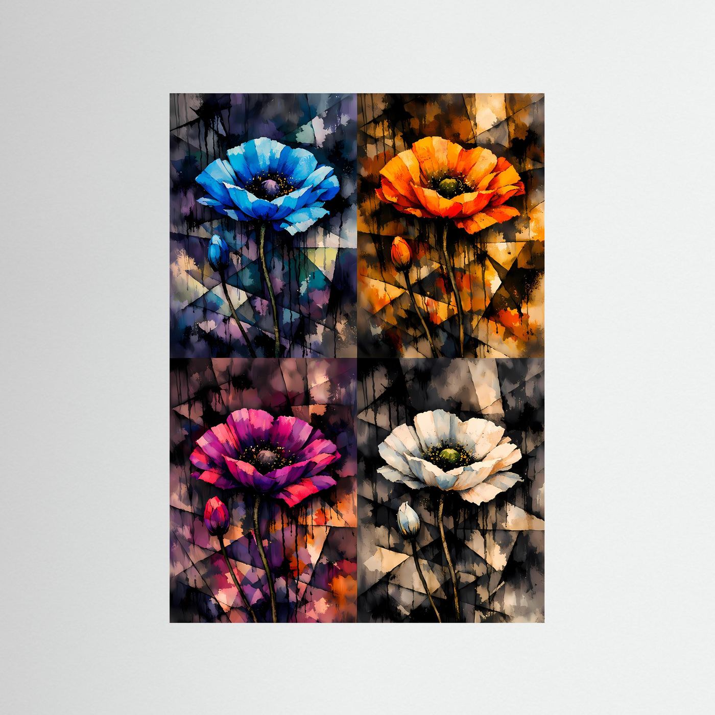 The Pop Art Poppies | Luxuriöses Mohnblumen Poster 4-in-1 Bunt & Dunkel | Abstraktes Blumen Kunstposter Hochformat