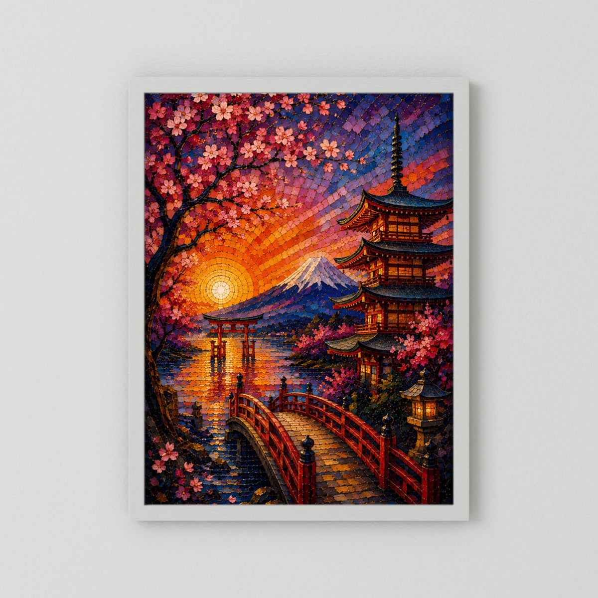 Hochformat-Poster im Mosaikstil mit Kirschblüten, Pagode und Fuji im Sonnenuntergang, weiß eingefasst