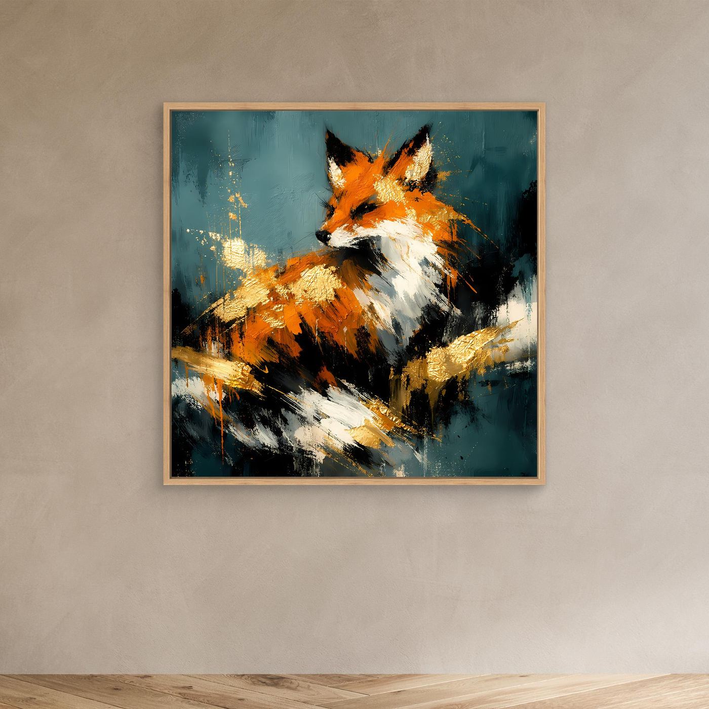 Leinwand-Wandbild mit hellem Holzrahmen: abstrakter Fuchs in Orange, Weiß und Gold
