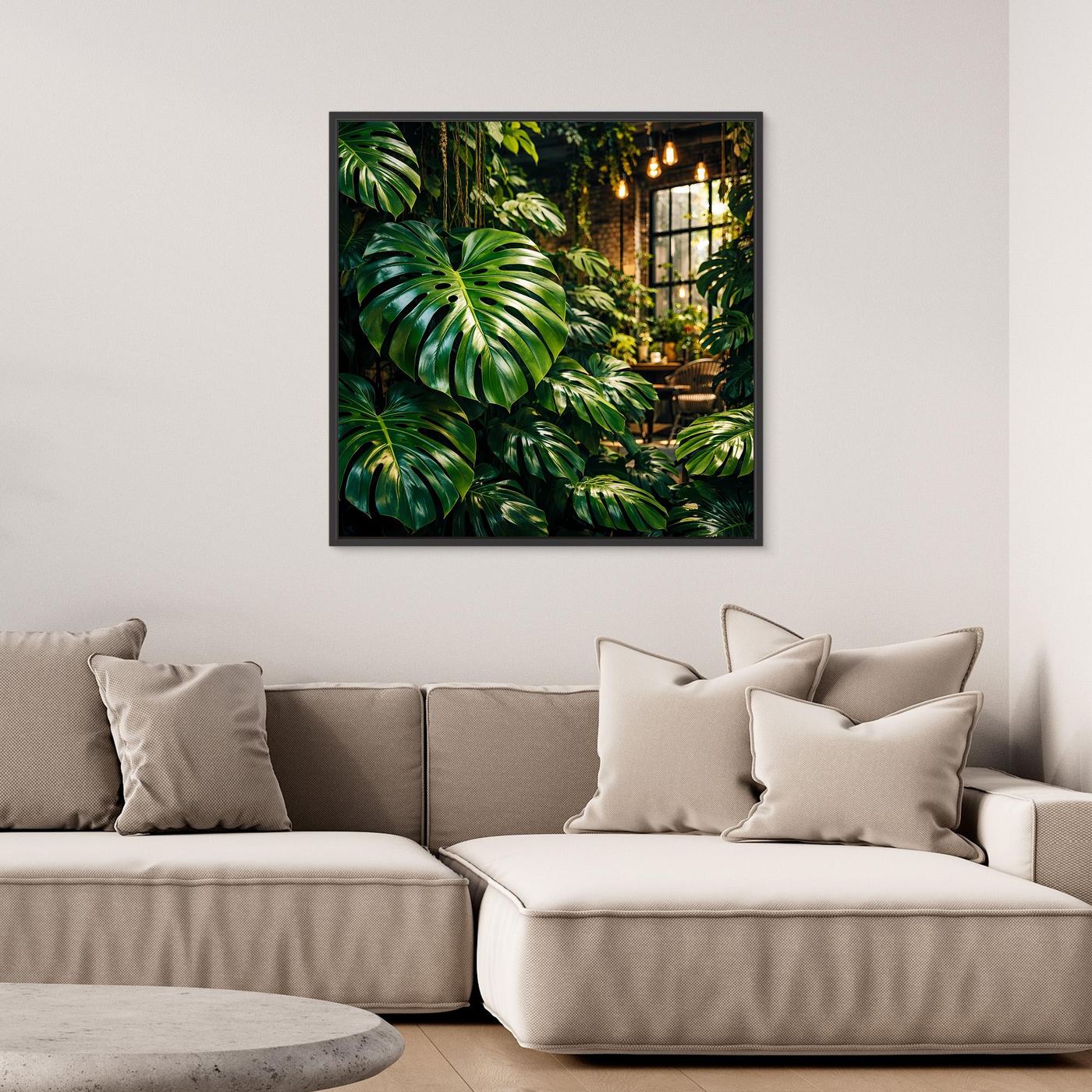 Leinwandbild mit grünen Monstera-Blättern und Dschungelweg, schwarz gerahmt