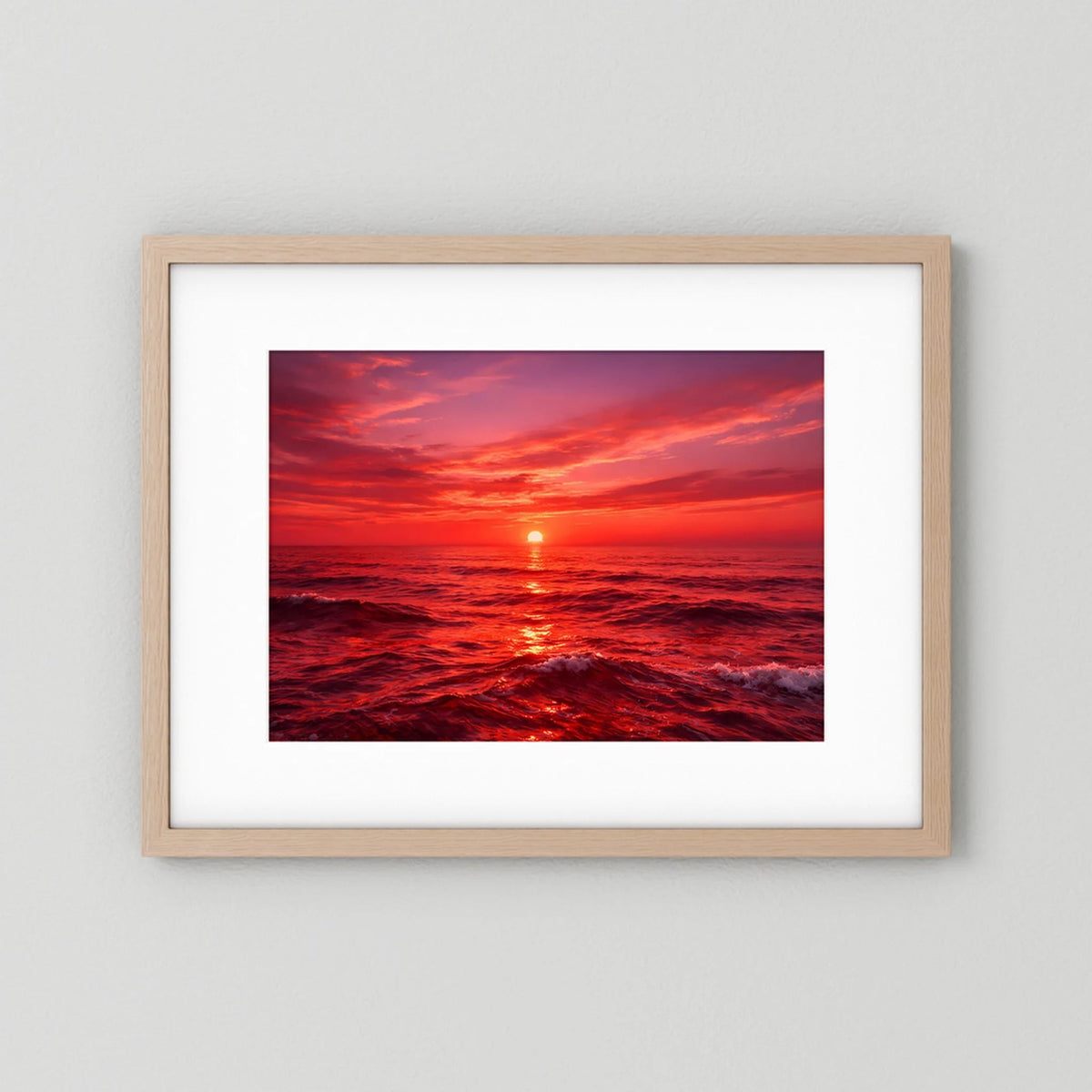 Wandbild-Poster mit Holzrahmen, Sonnenuntergang über dem Meer, Farbverlauf im Querformat