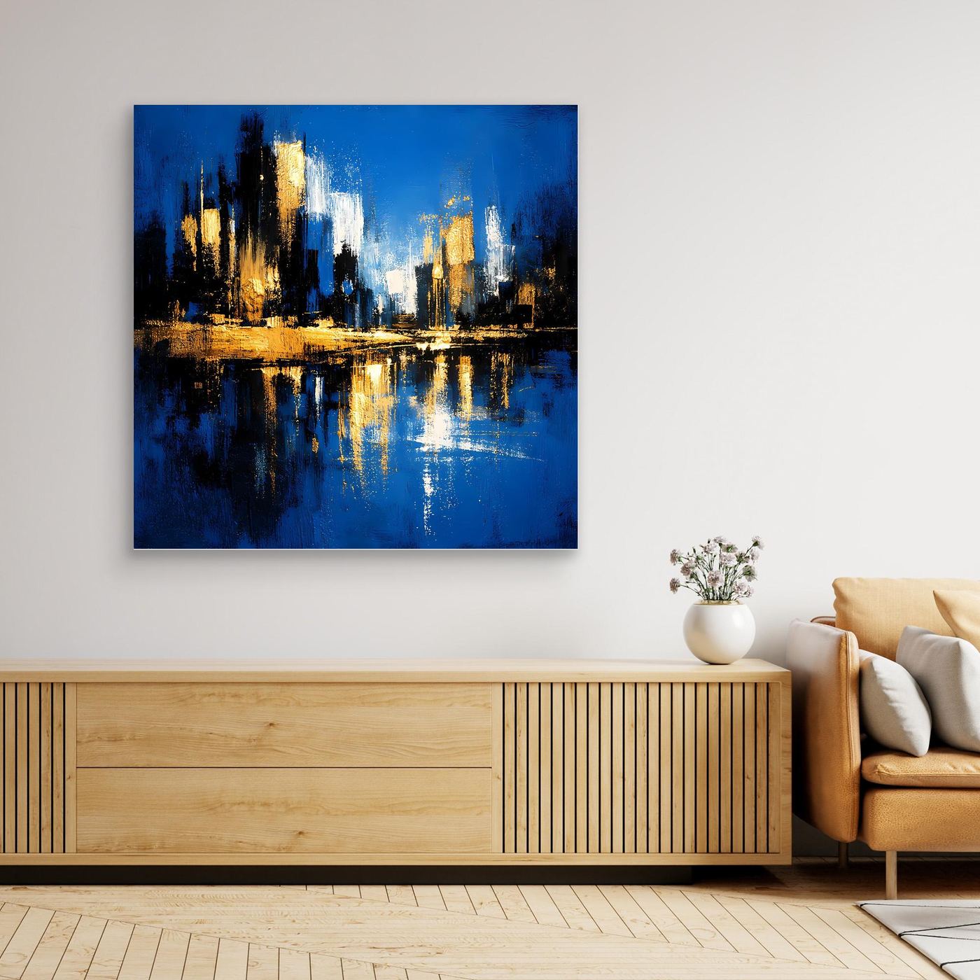 Leinwand Abstrakte Skyline in Blau und Gold | Modernes Großstadt Wandbild mit Spiegelung