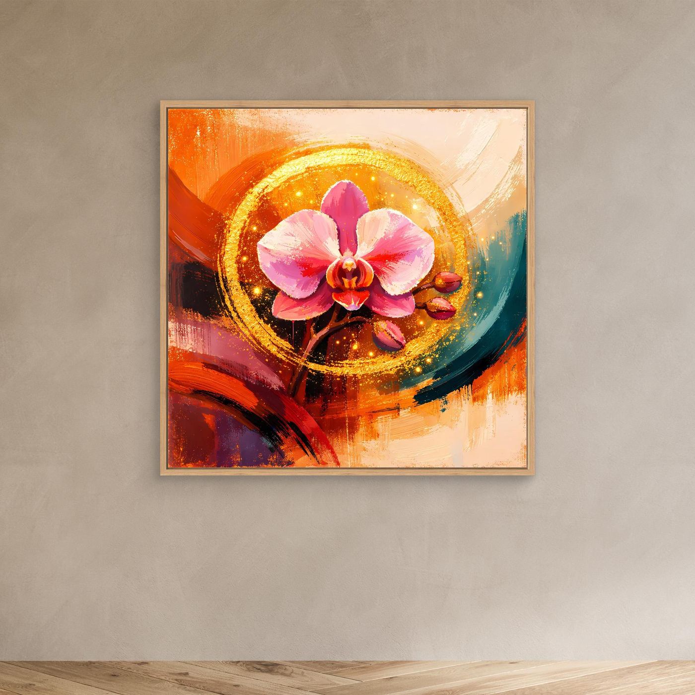 Florales Leinwandbild mit goldener Orchidee im Kreis, heller Holzrahmen