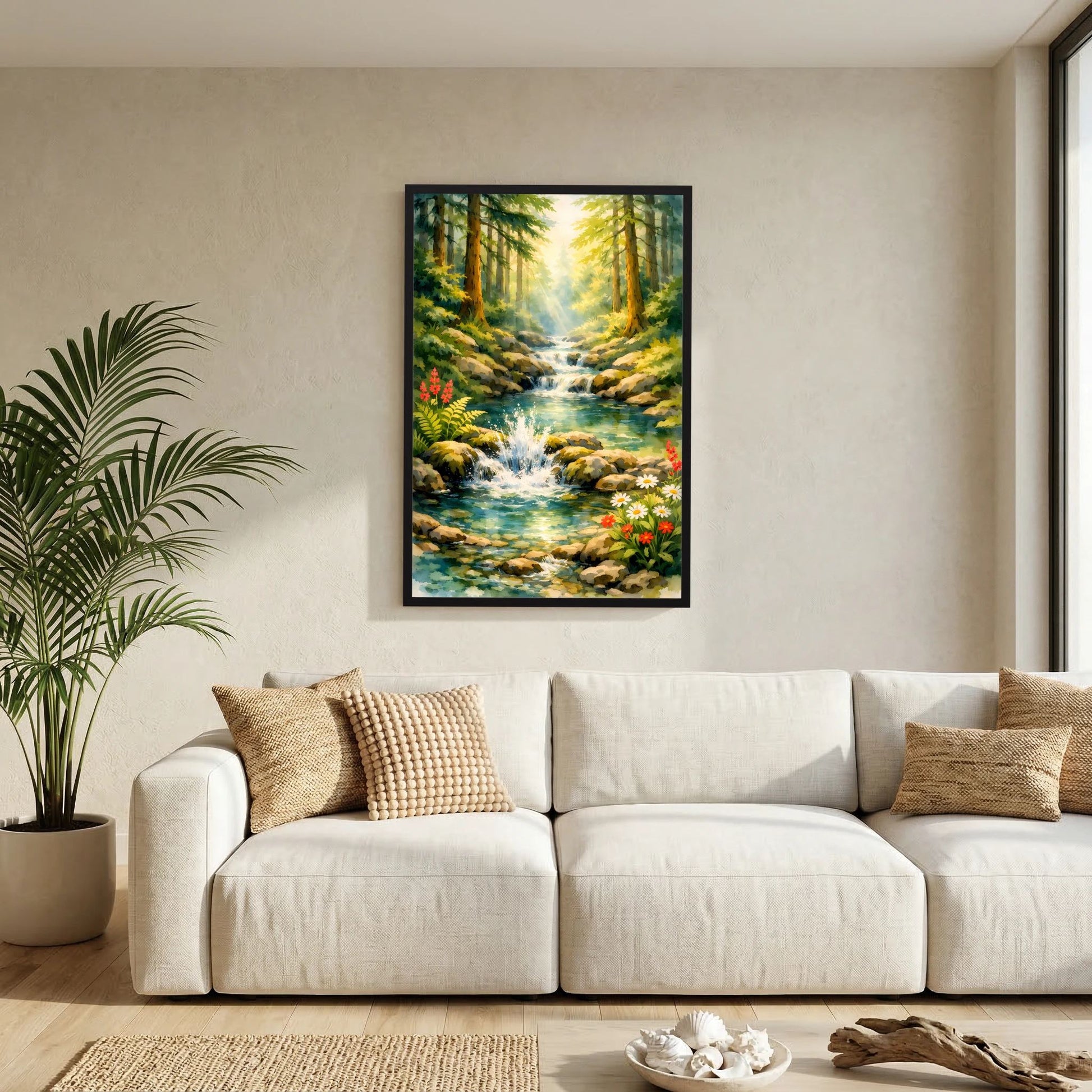 Poster mit Waldidylle und Wasserfall, schwarzer Rahmen, Blumen am Bachufer