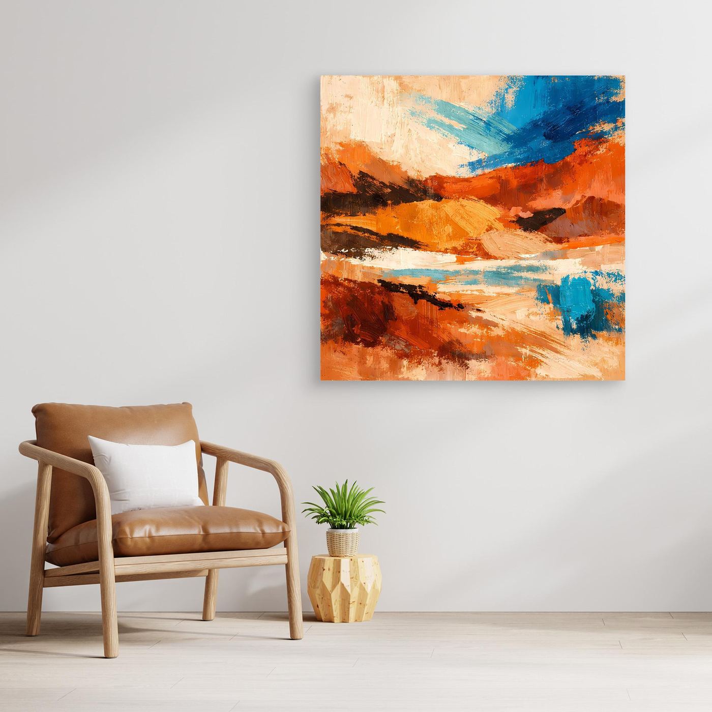 Gerahmtes abstraktes Leinwand-Wandbild, orange und blau, Pinselstruktur mit Kontrasten