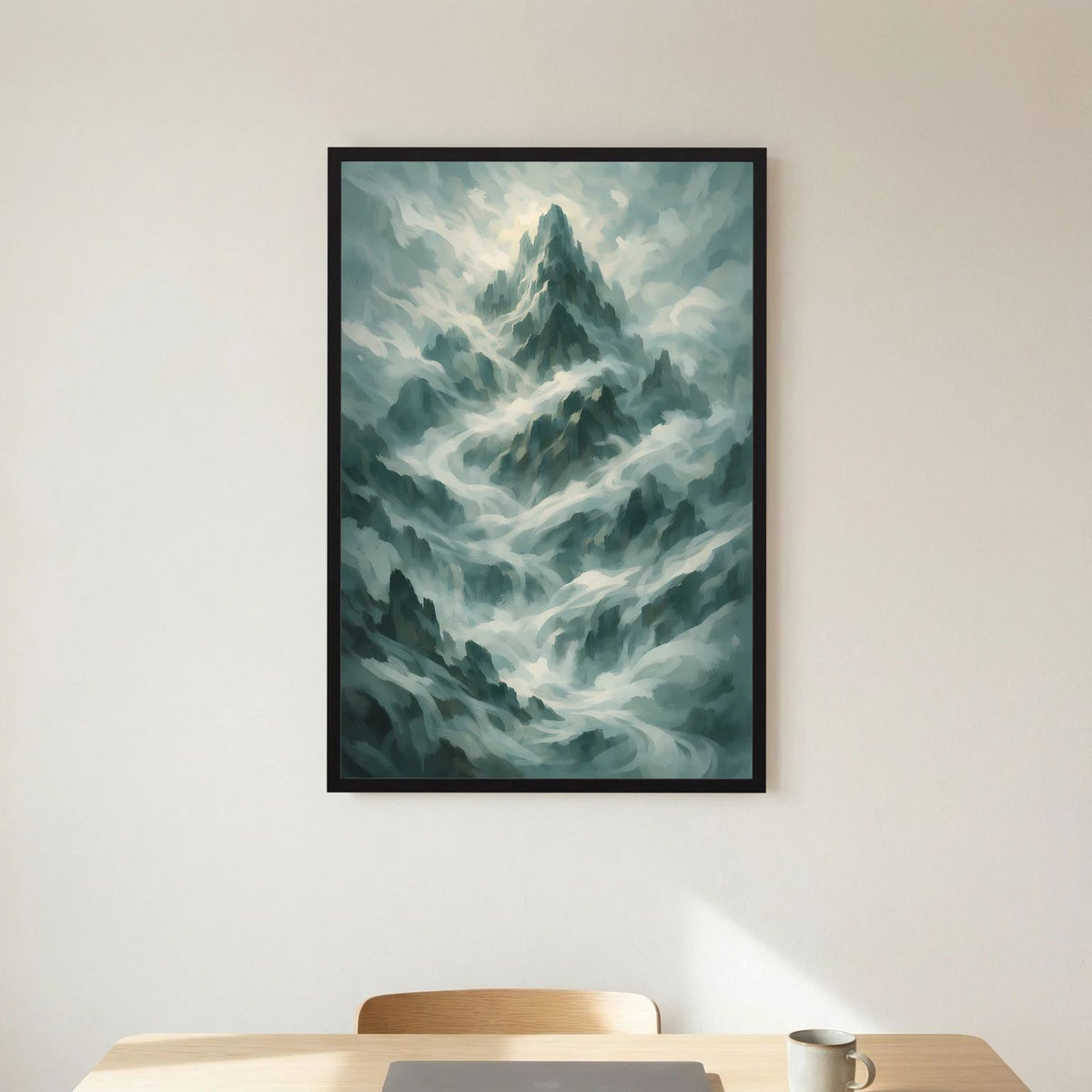 Poster Hochformat mit mystischer Berglandschaft in Salbeigrün und Grau, schwarzer Rahmen