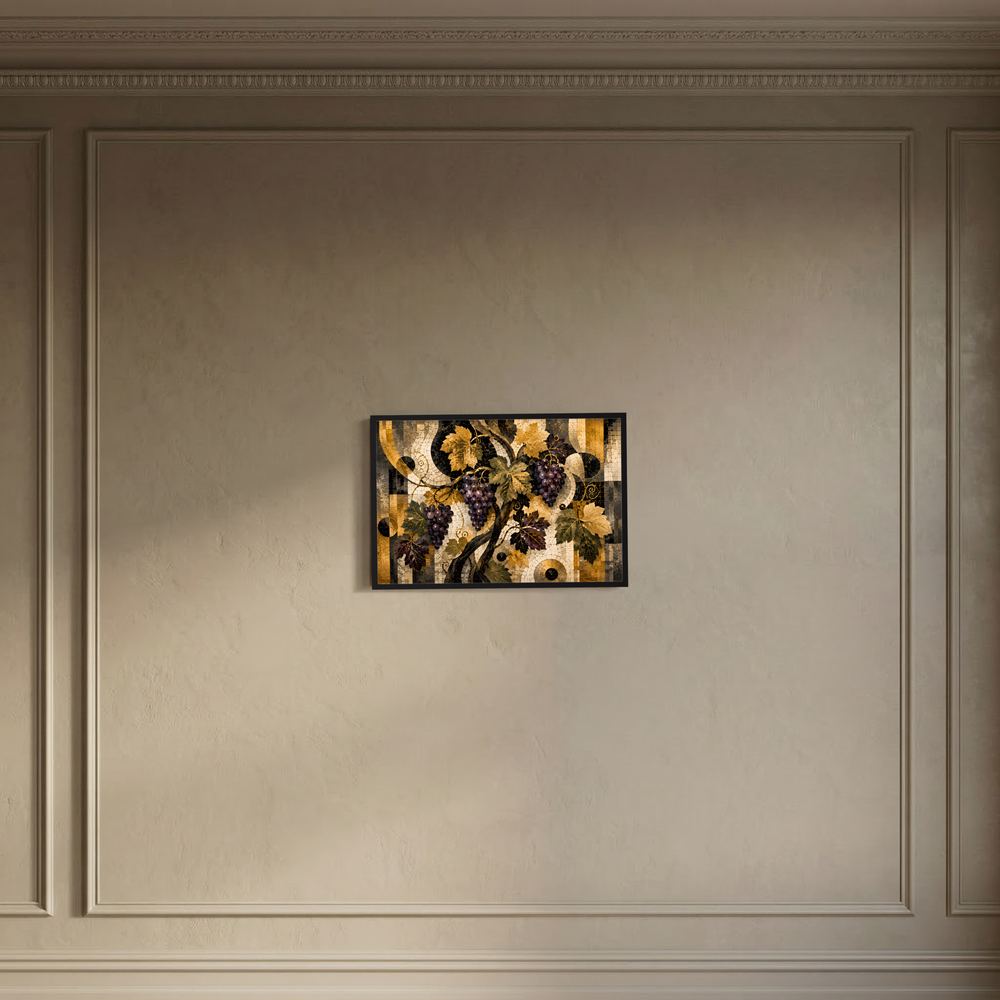 Gerahmtes Querformat-Kunstposter mit abstrakter Weinrebe und Trauben, Schwarz-Gold-Creme.
