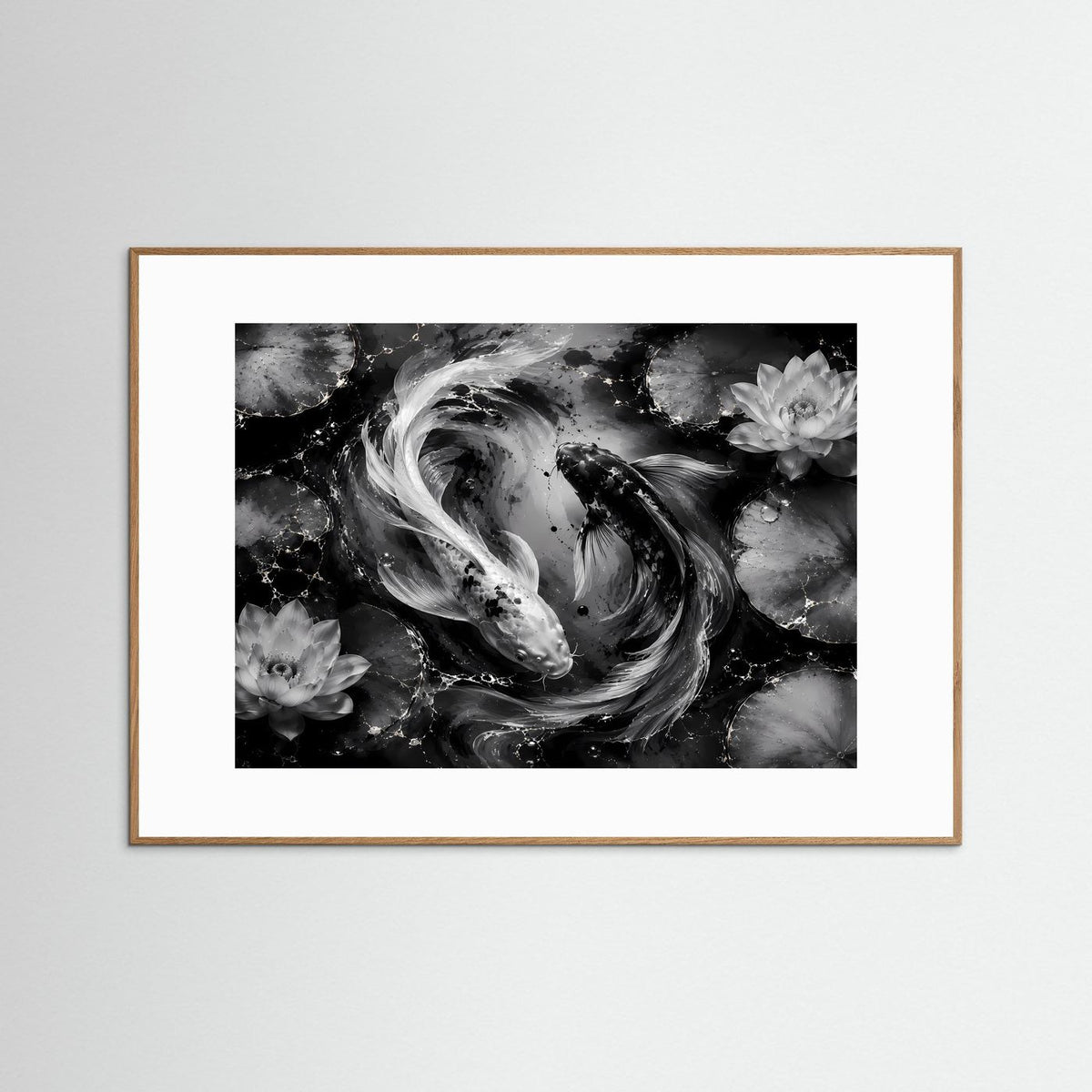Wandbild mit Schwarz-Weiß-Koi und Lotusblüten im Rahmen, goldbrauner Außenrand