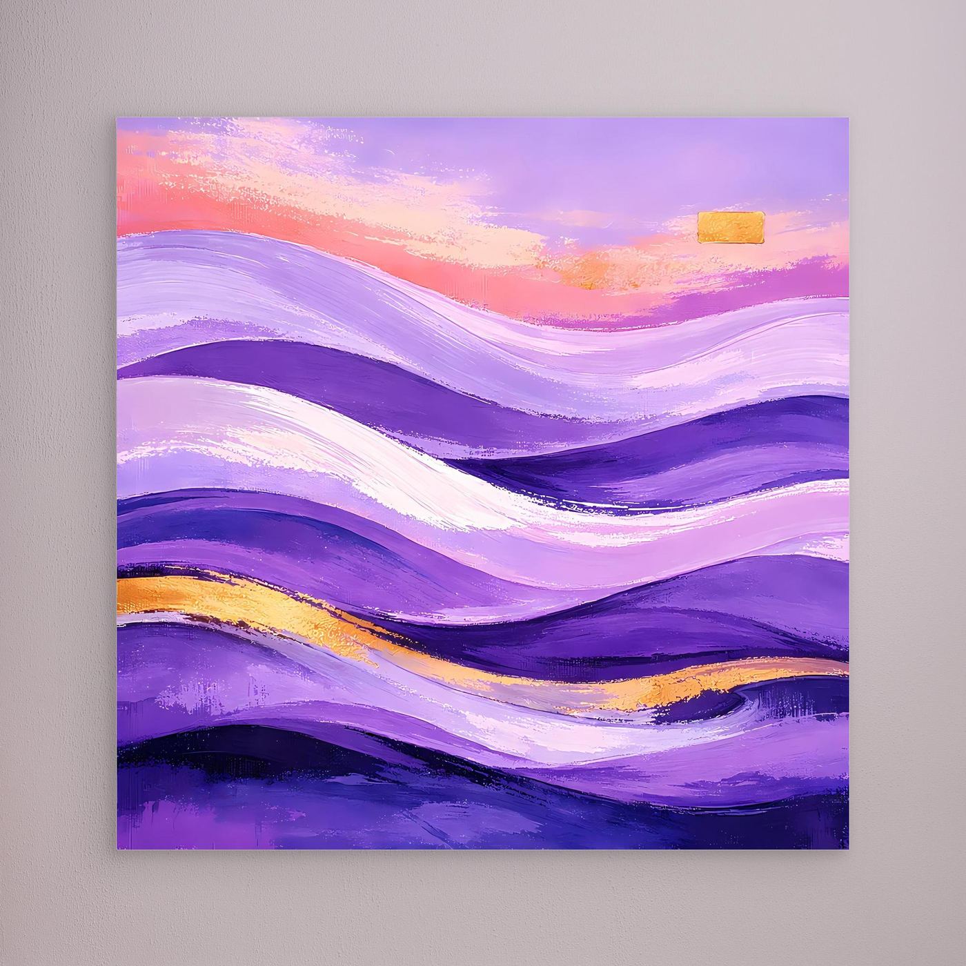 Leinwandbild mit abstrakter Wellenlandschaft in Lila, Gold und Rosa ohne sichtbaren Rahmen
