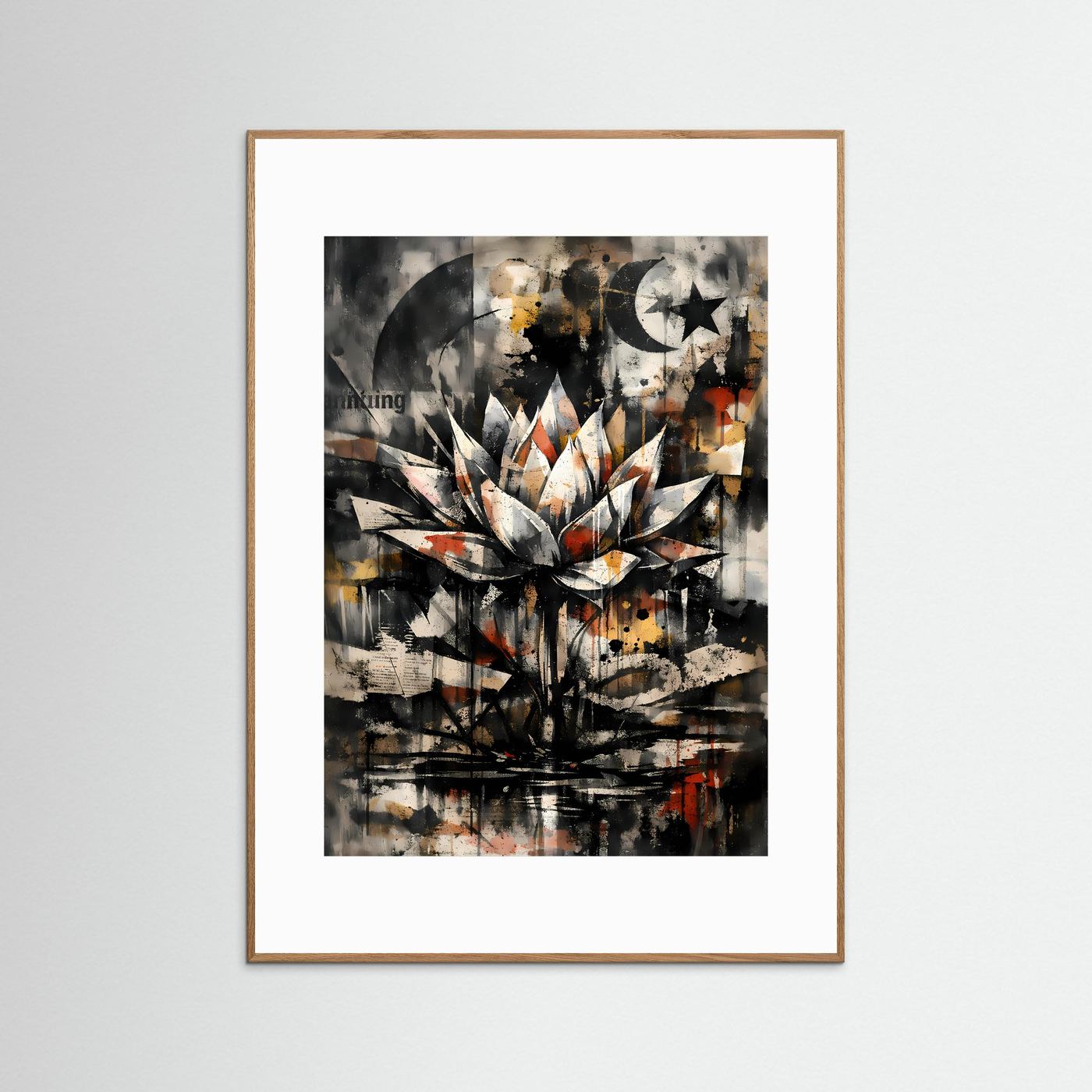 Abstraktes Lotus-Mondmotiv im Graphitstil mit Sonnenrad, im braunen Holzrahmen