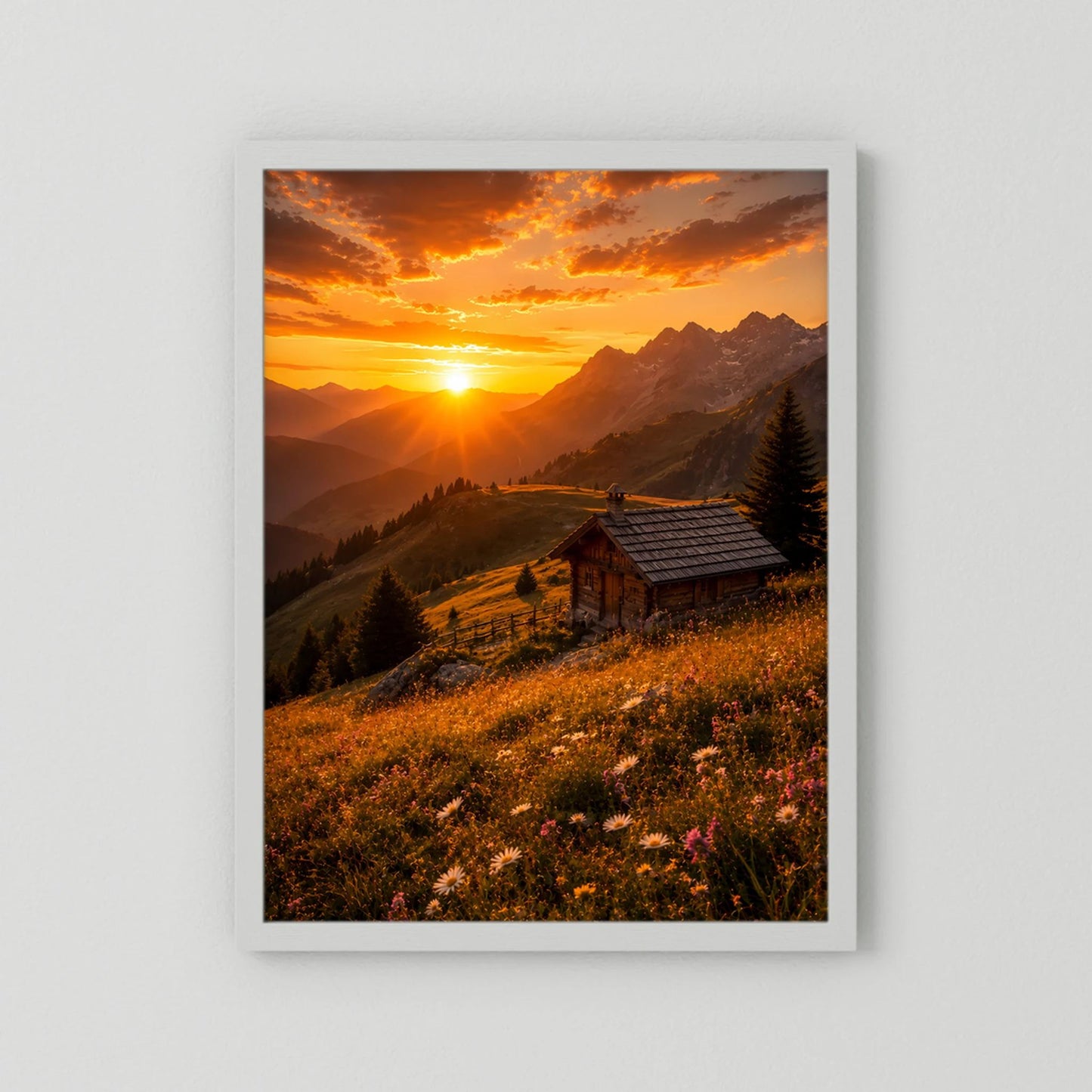 Poster mit Sonnenuntergangslandschaft, Berghütte und Alpwiese in hellem Rahmen, ohne sichtbares Passepartout