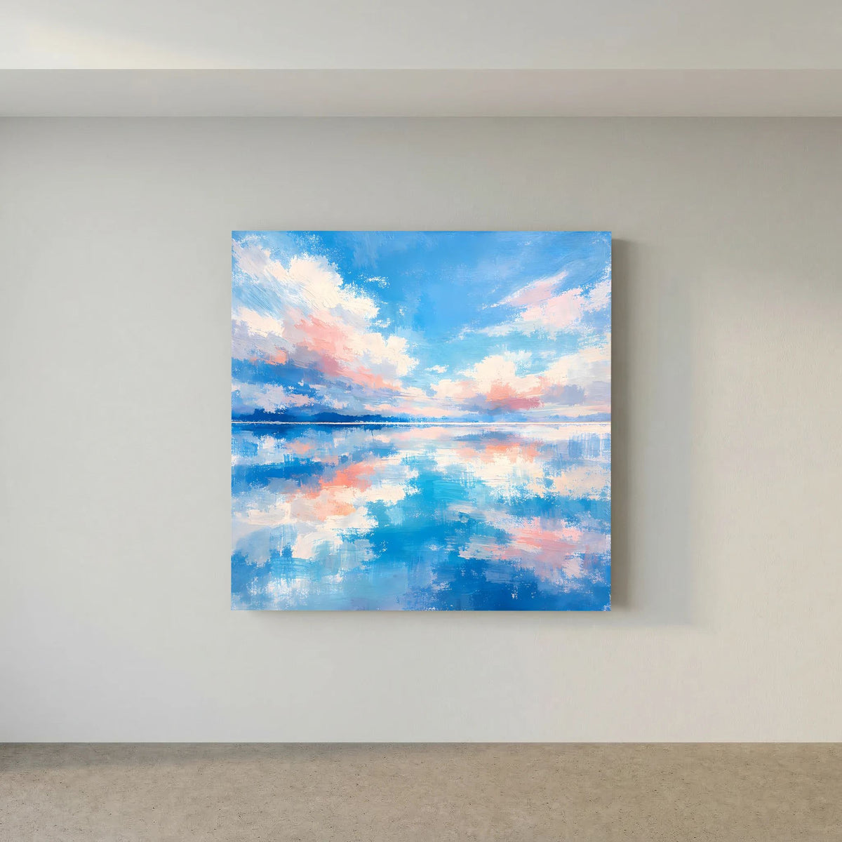 Quadratisches Wandbild auf Keilrahmen: abstrakte Küste mit Wolken und blauem Meer