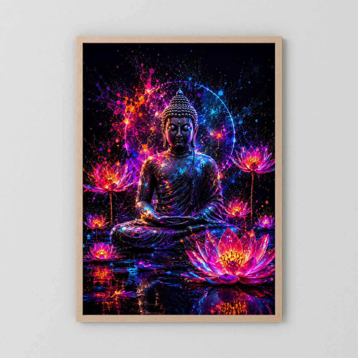 Neon-Buddha-Poster mit Lotusblüten, pink-blauer Neonoptik, Holzrahmen naturfarben