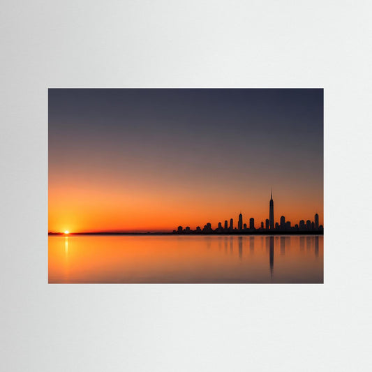Querformatiges Skyline-Poster mit Sonnenuntergang und Spiegelung, ohne Rahmen