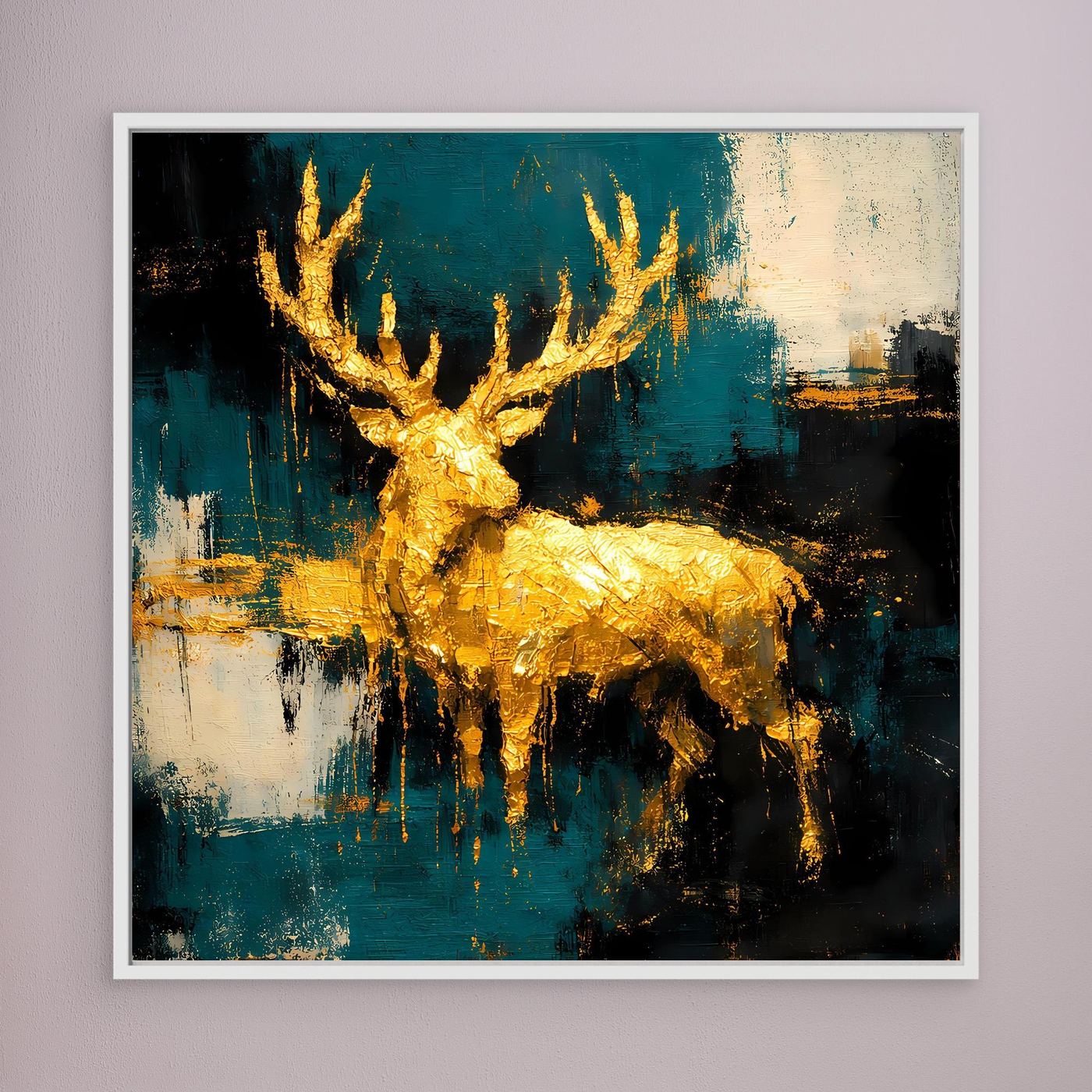Leinwand Goldener Hirsch in abstrakter Landschaft | Modernes Edel-Tier Wandbild