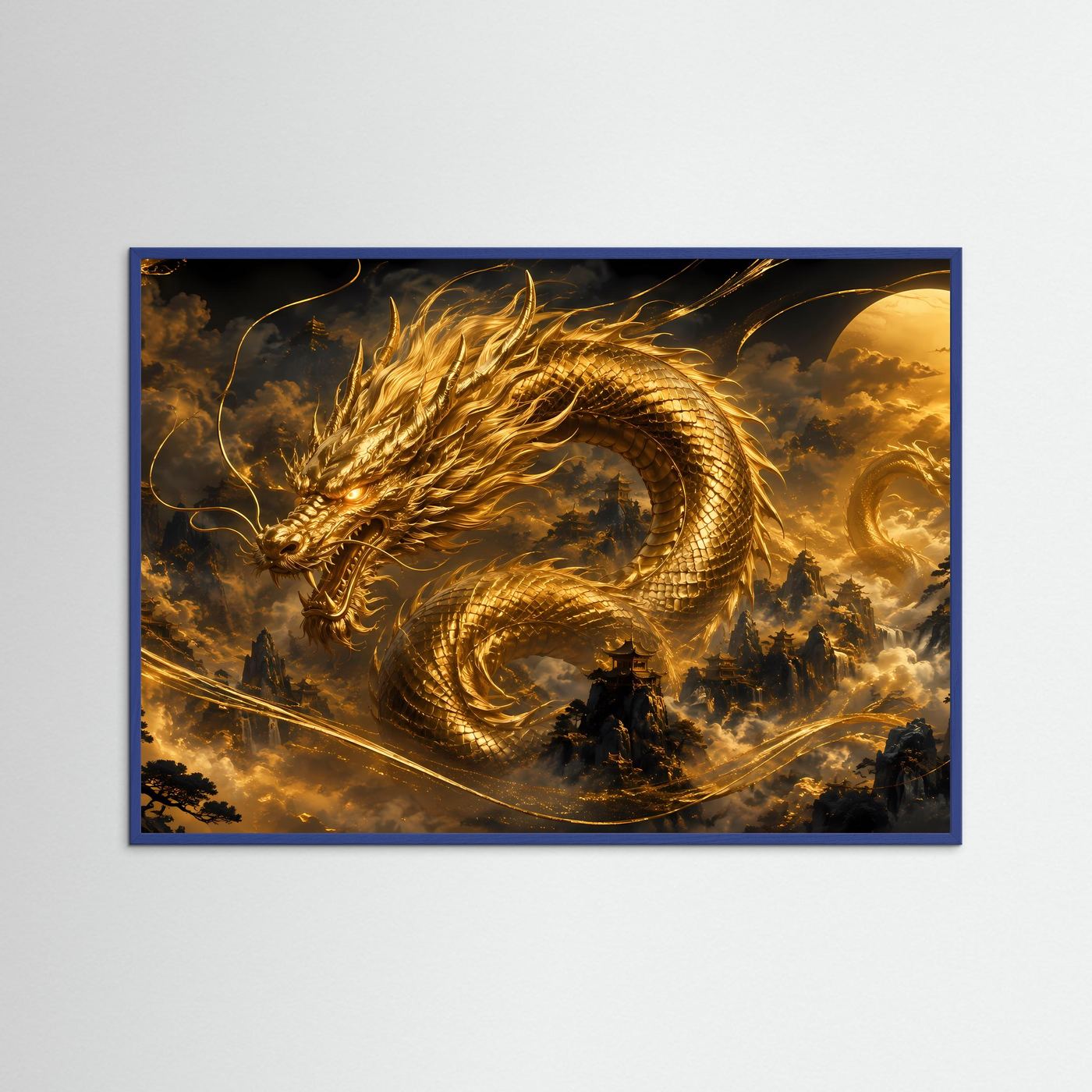 Querformat-Poster mit blauem Rahmen: goldener Drache über Tempelbergen, Schwarz-Gold