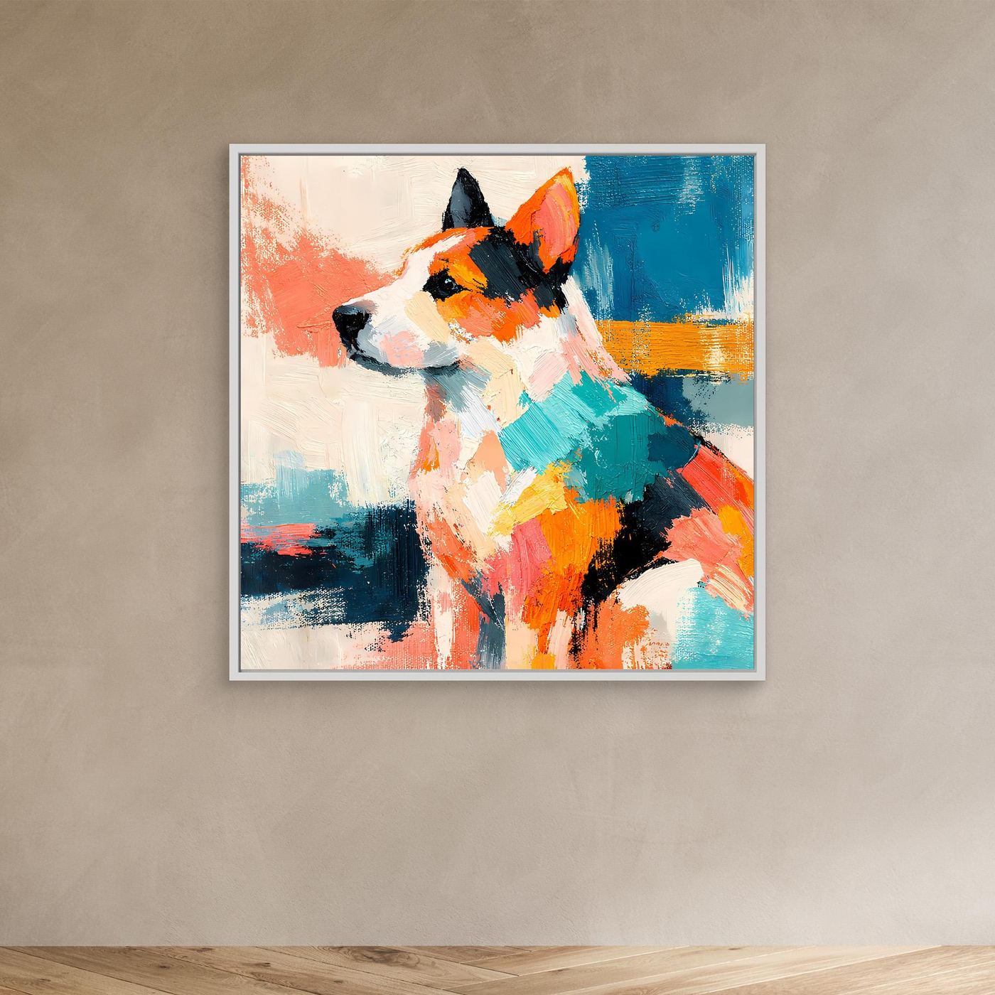 Leinwand-Wandbild mit abstraktem Hund im Pop-Art-Stil, silberfarbener Rahmen