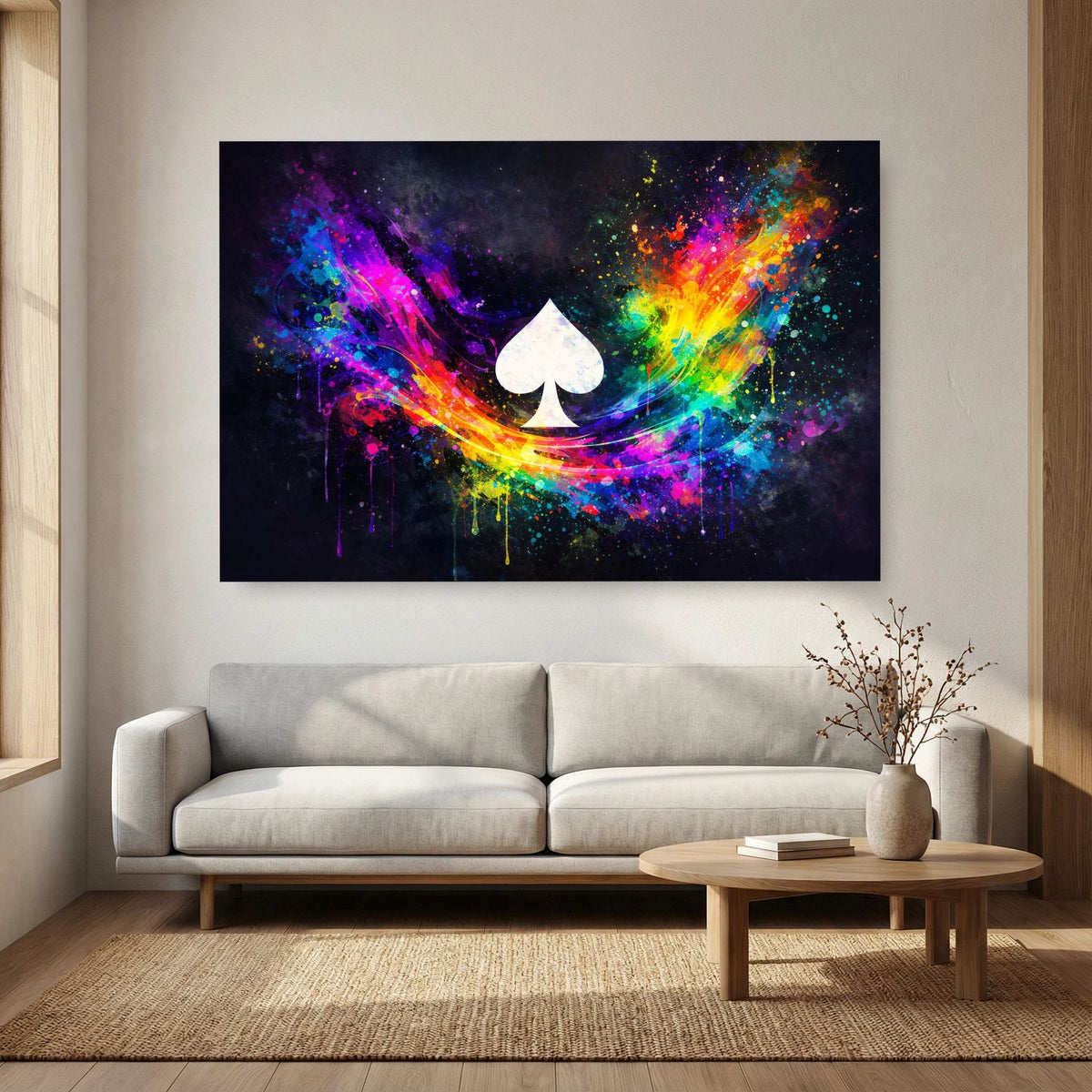 Wandbild Querformat mit Regenbogen-Neonbogen, Sprühfarbe-Textur und weißem Pik-Symbol.