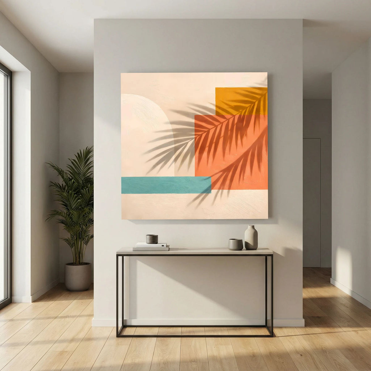 Leinwand Abstrakte Geometrie mit Palmenschatten | Modernes Boho Wandbild Terracotta