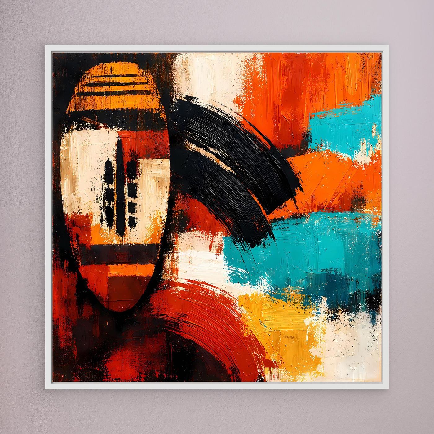 Abstract African mask wall art with textured red and turquoise brushstrokes; white frame