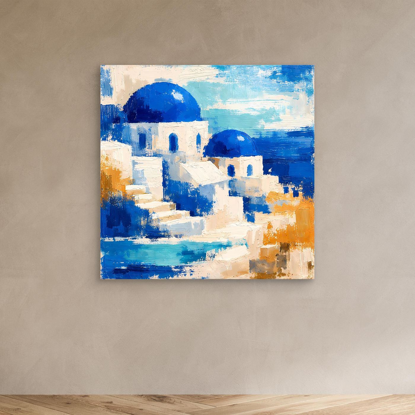 Leinwand Blau-weiße Häuser auf Santorin | Abstraktes Griechenland Wandbild