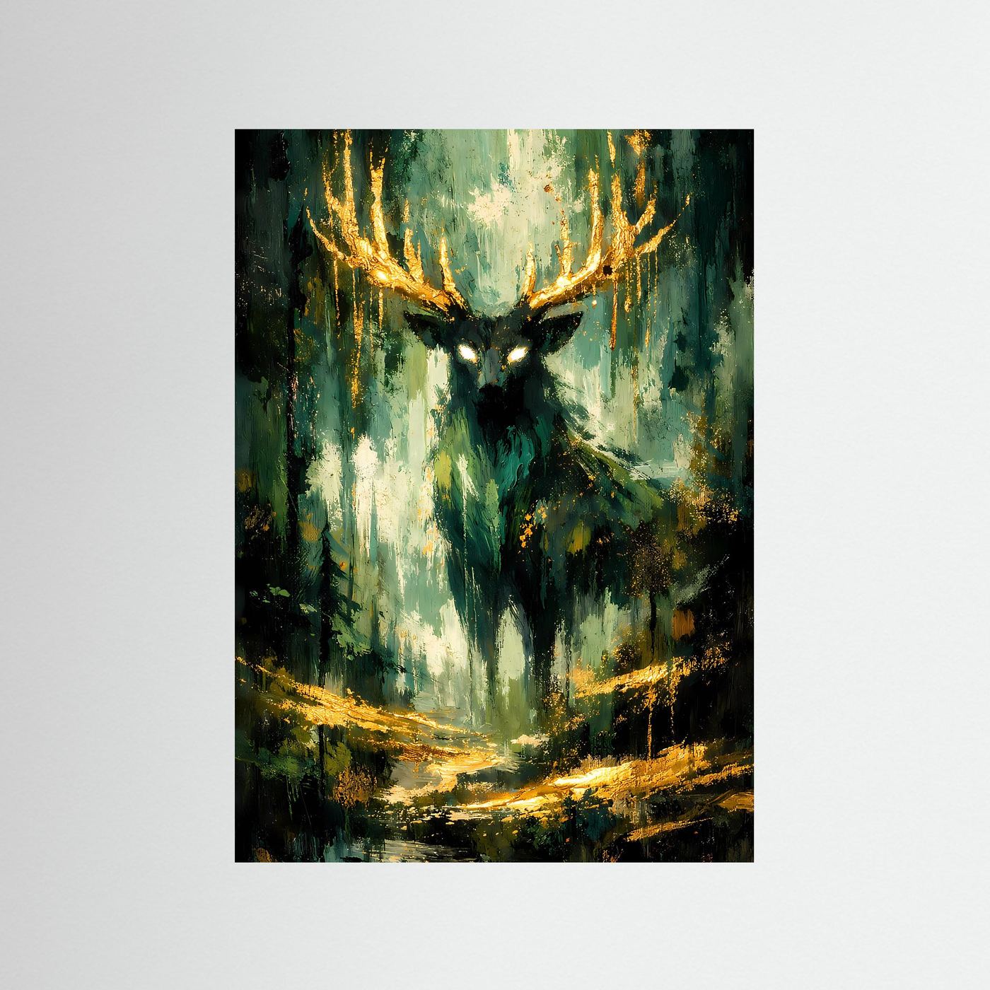 Hirschkunstposter im Hochformat: dunkles Grün mit goldenen Geweihakzenten, Waldmotiv.