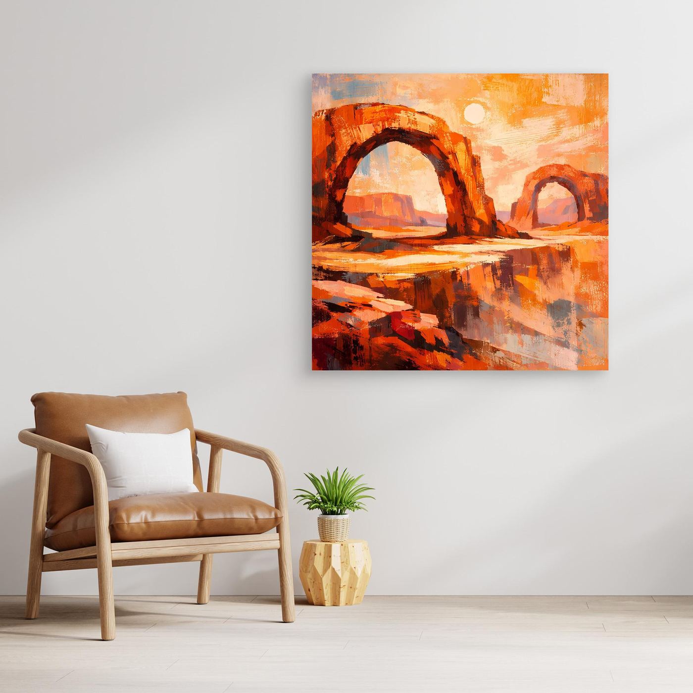 Quadratisches Leinwand-Wandbild mit orange-roten Bögen und abstrakter Wüsten-Canyonlandschaft.