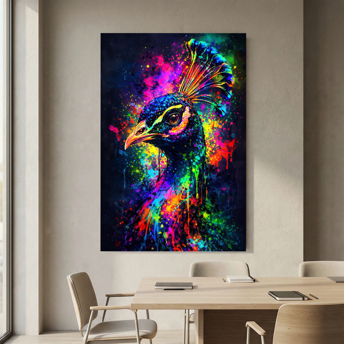 Hochformat-Poster: Pfau im Sprühfarben-Stil, leuchtende Blau-Grün-Pink-Töne