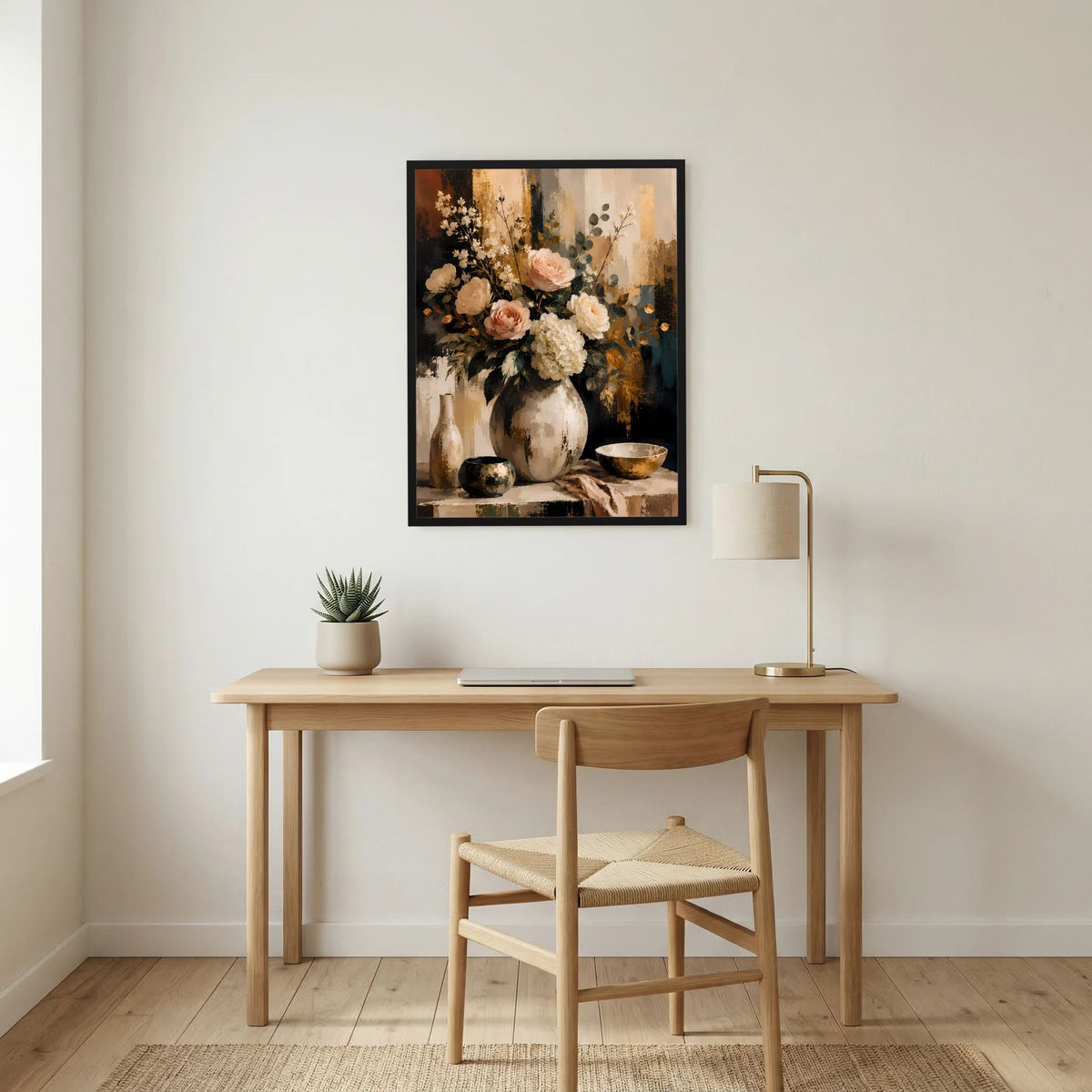 Blumenstillleben-Poster mit Rosenstrauß in Vase, schwarzer Rahmen