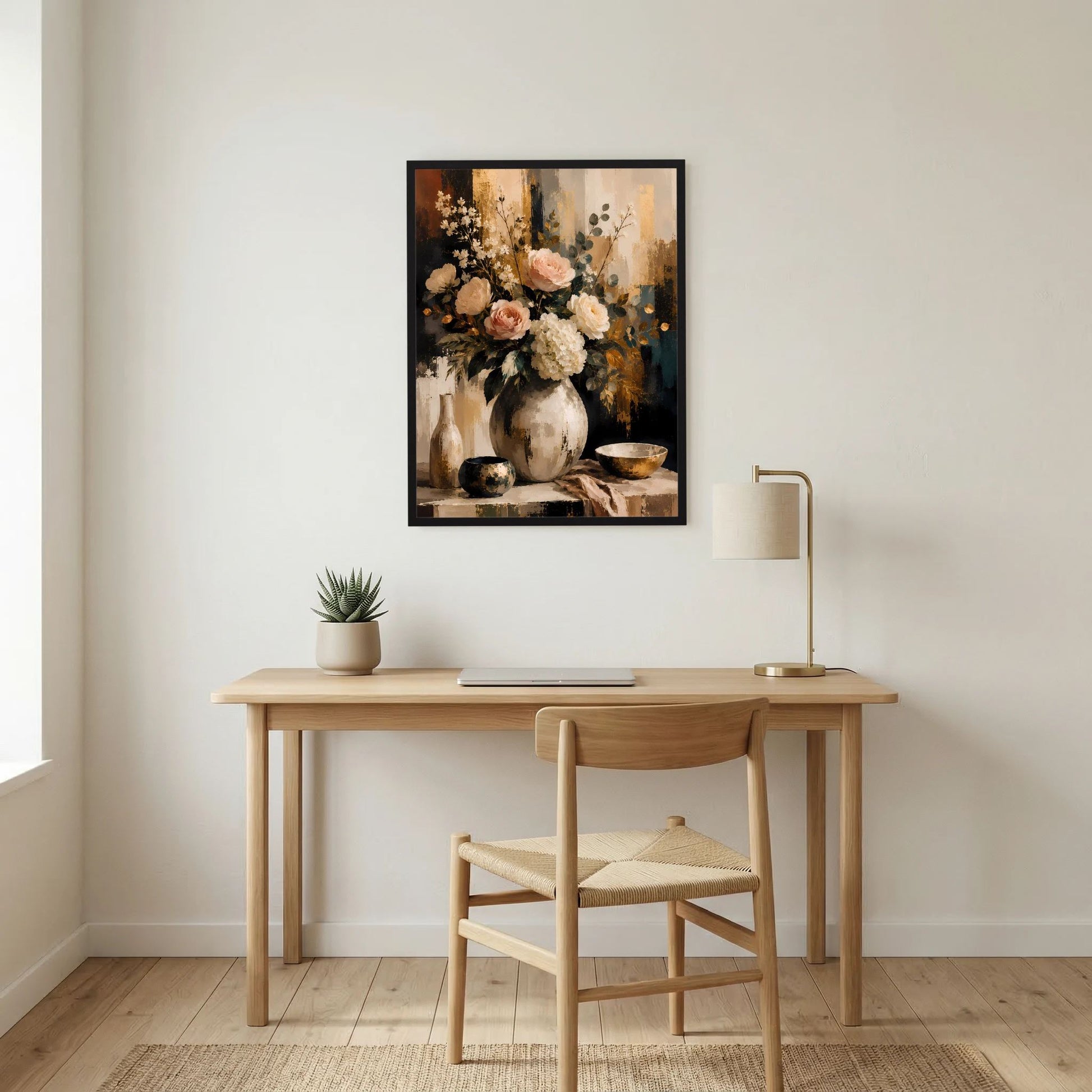 Blumenstillleben-Poster mit Rosenstrauß in Vase, schwarzer Rahmen