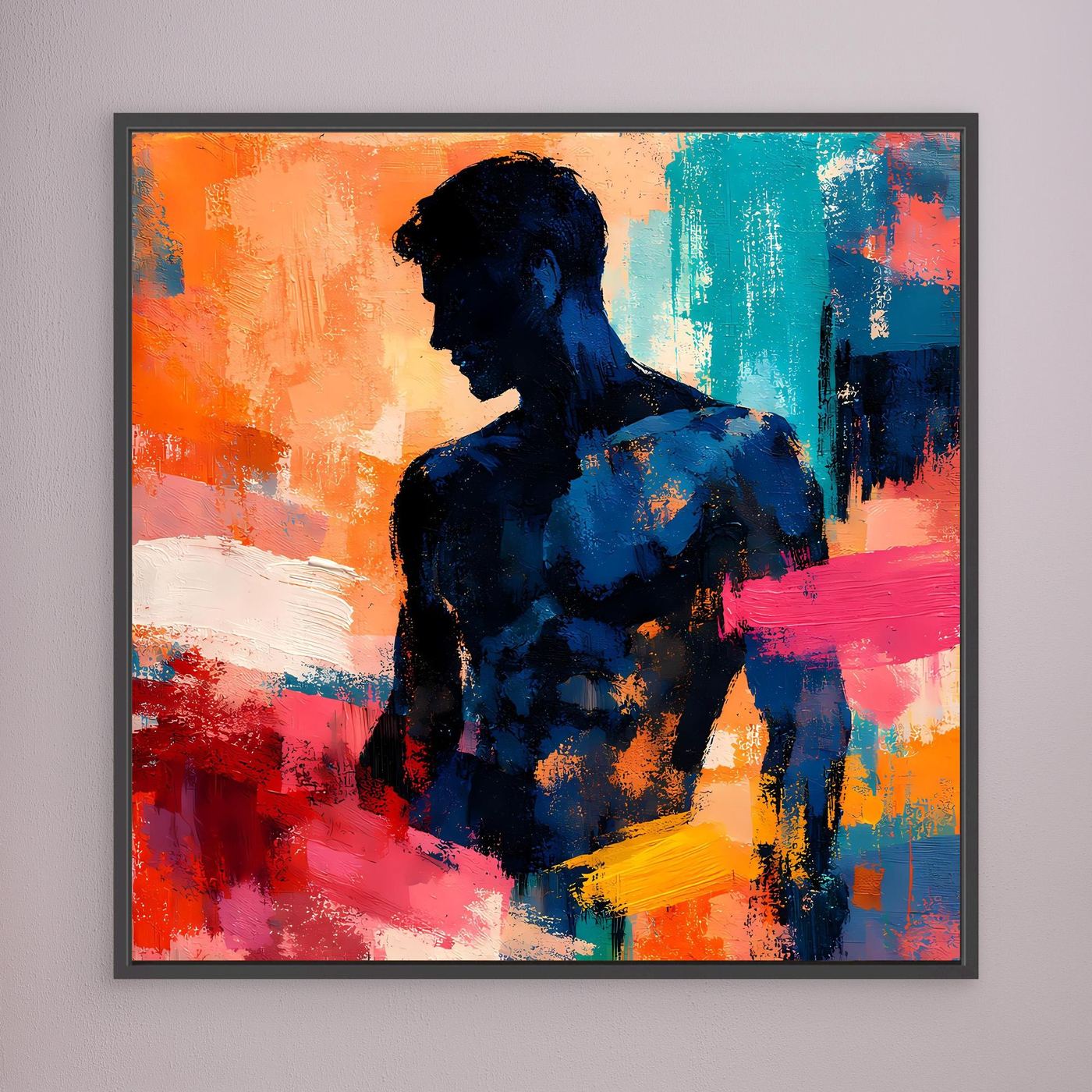 Abstraktes Wandbild: Männer-Silhouette in Blau, orange-, türkis- und pinkfarbene Farbfelder, dunkler Rahmen
