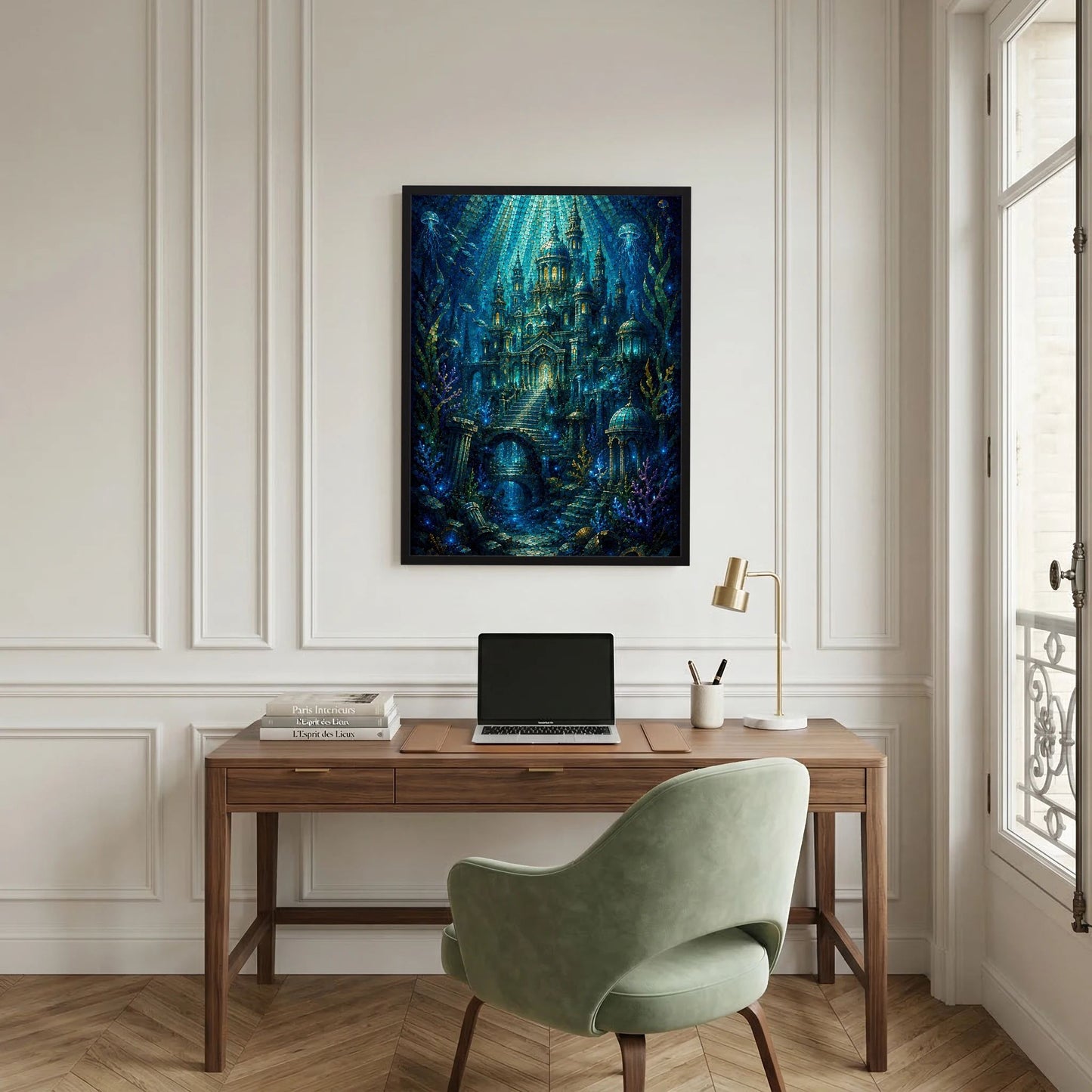 Ge­rahmtes Poster in Blau und Gold mit Unterwasserstadt-Muster an der weißen Wand.