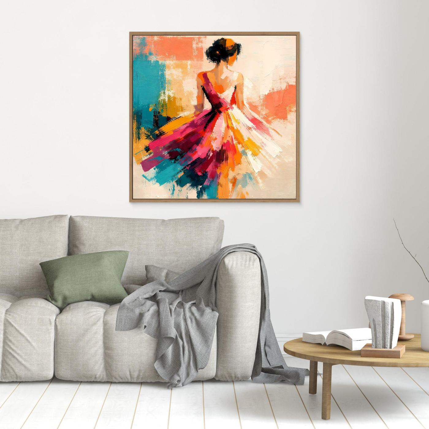 Kleines Leinwand-Wandbild einer Frau im bunten Kleid, braun gerahmt.