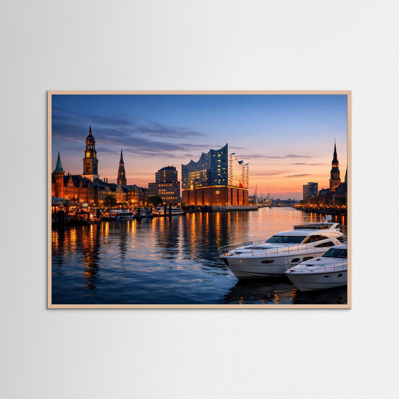 Gerahmtes Architekturposter mit blauer Einfassung: Hamburger Skyline, Elbphilharmonie & Hafenboote