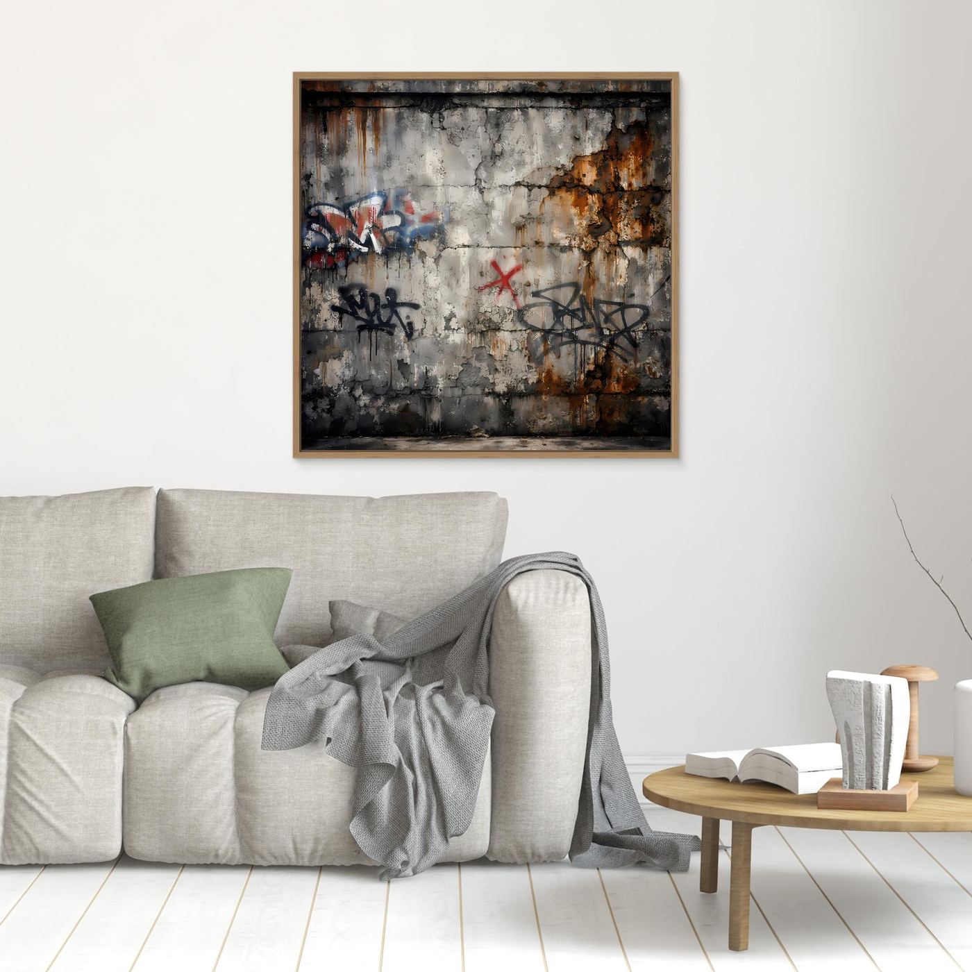 Leinwandbild mit Graffiti auf Betonwand, kleiner Bildausschnitt, Holzrahmen