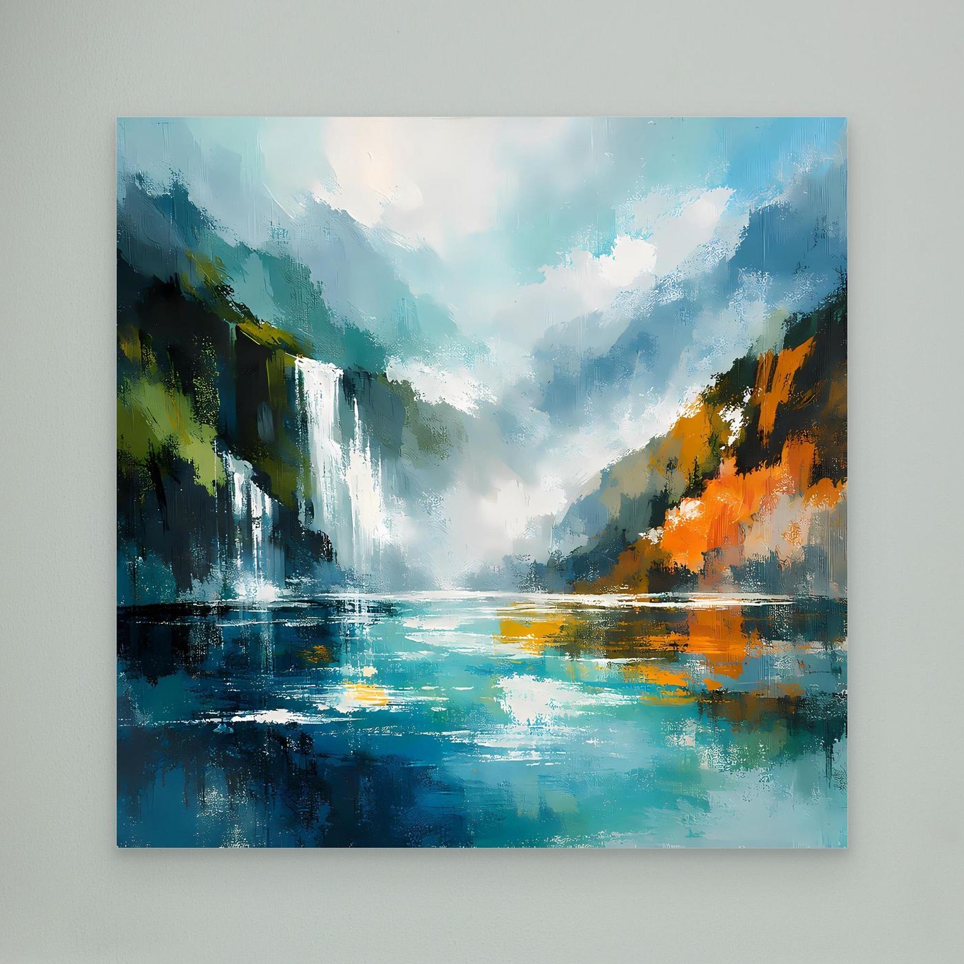 Abstraktes Wandbild mit Wasserfall und Fjord, türkis/blau, ohne Rahmen.