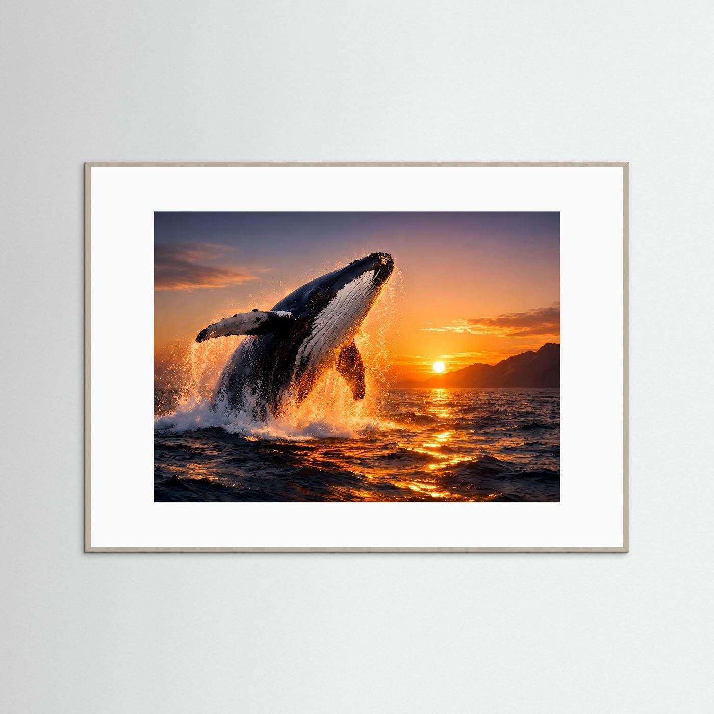 Gerahmtes Panorama-Wandposter mit springendem Buckelwal am Meer bei Sonnenuntergang, grau
