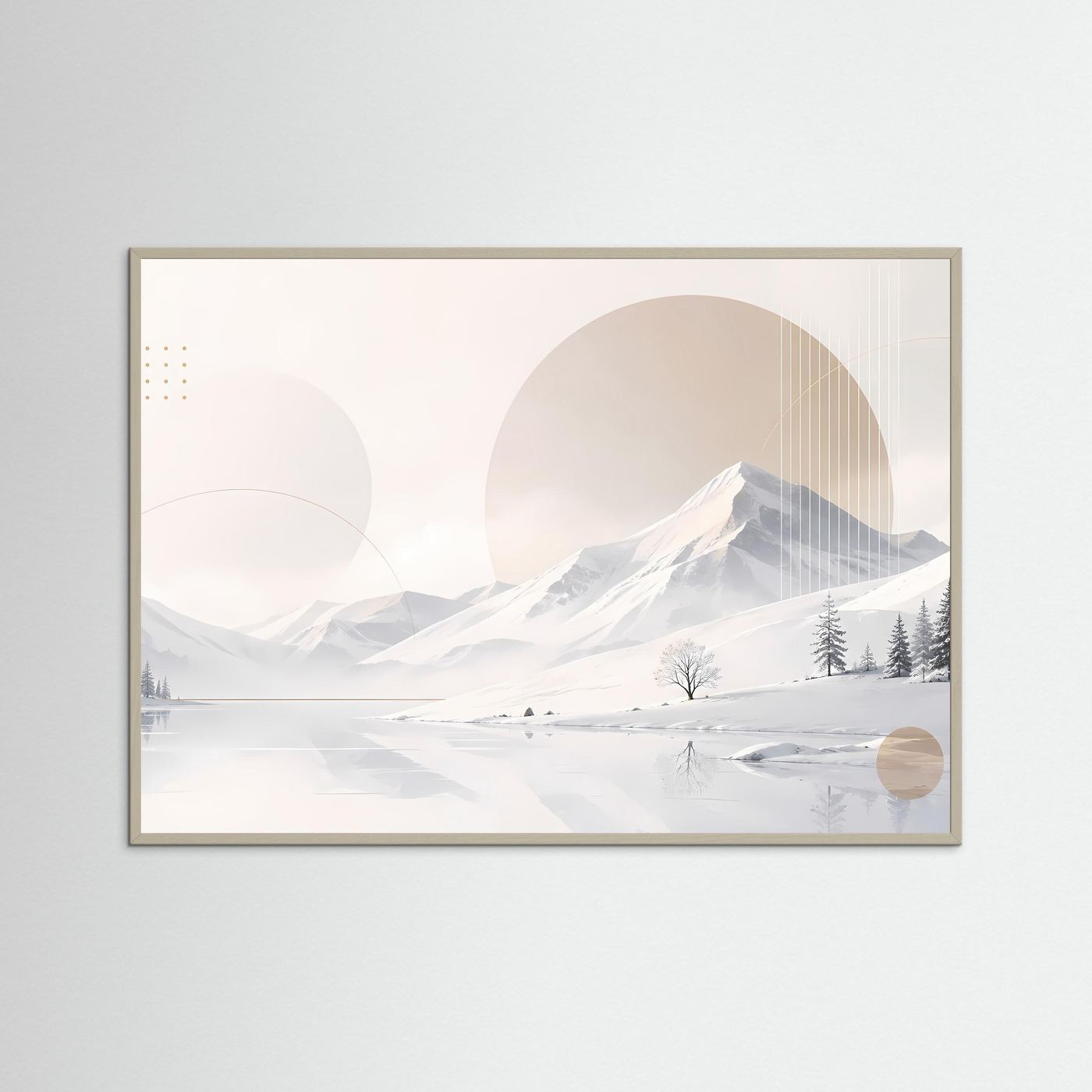 Poster im Querformat mit winterlicher Berglandschaft, hellbrauner Holzrahmen, Weiß-Beige