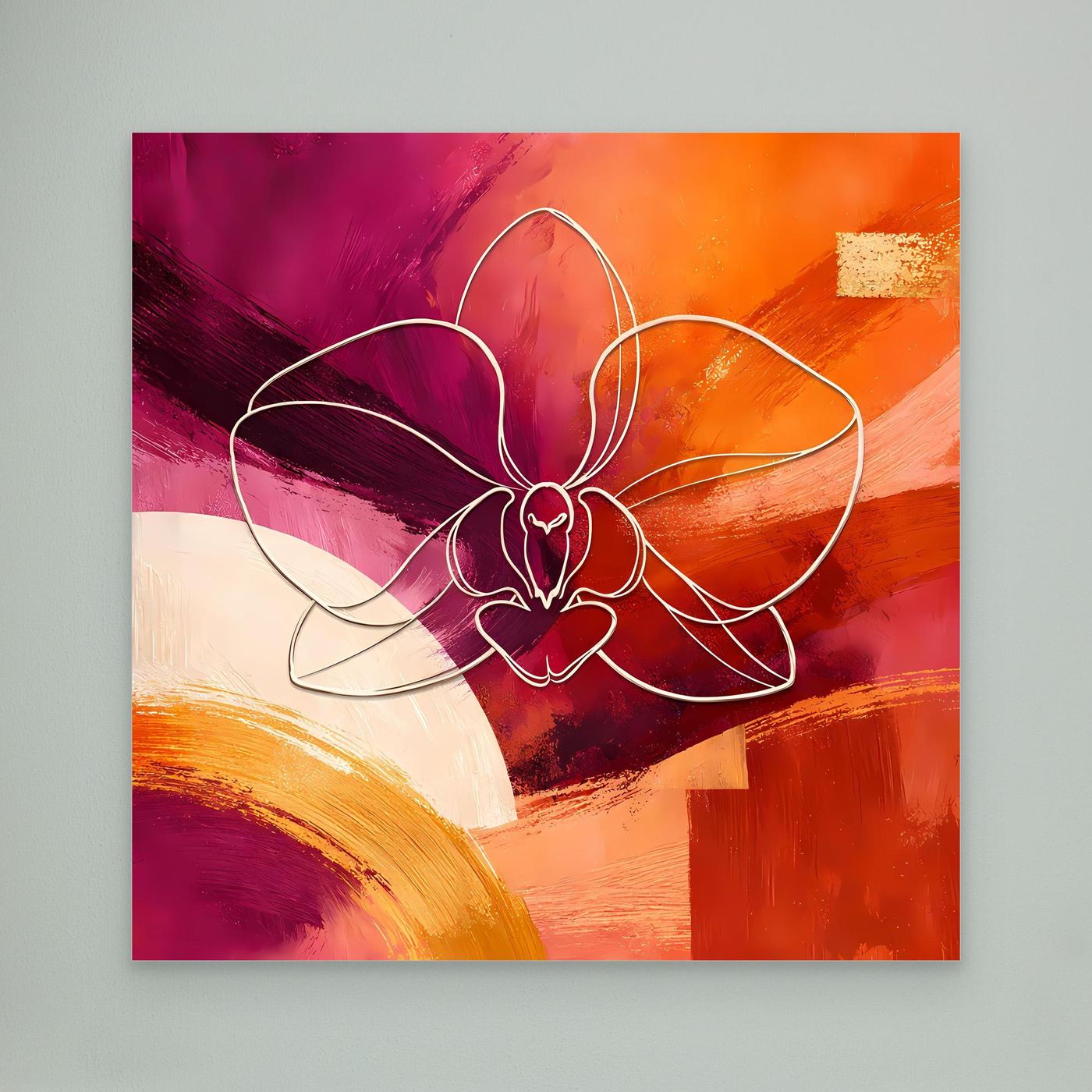 Leinwandbild mit abstrakter Orchidee in warmen Magenta- und Orangetönen, weiße Linien