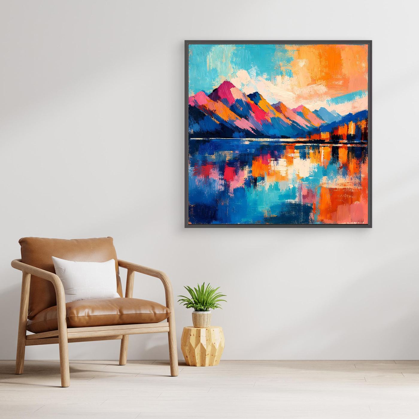 Wandbild Leinwand mit abstrakter Berglandschaft in Blau, Orange und Pink, mit schwarzem Rahmen