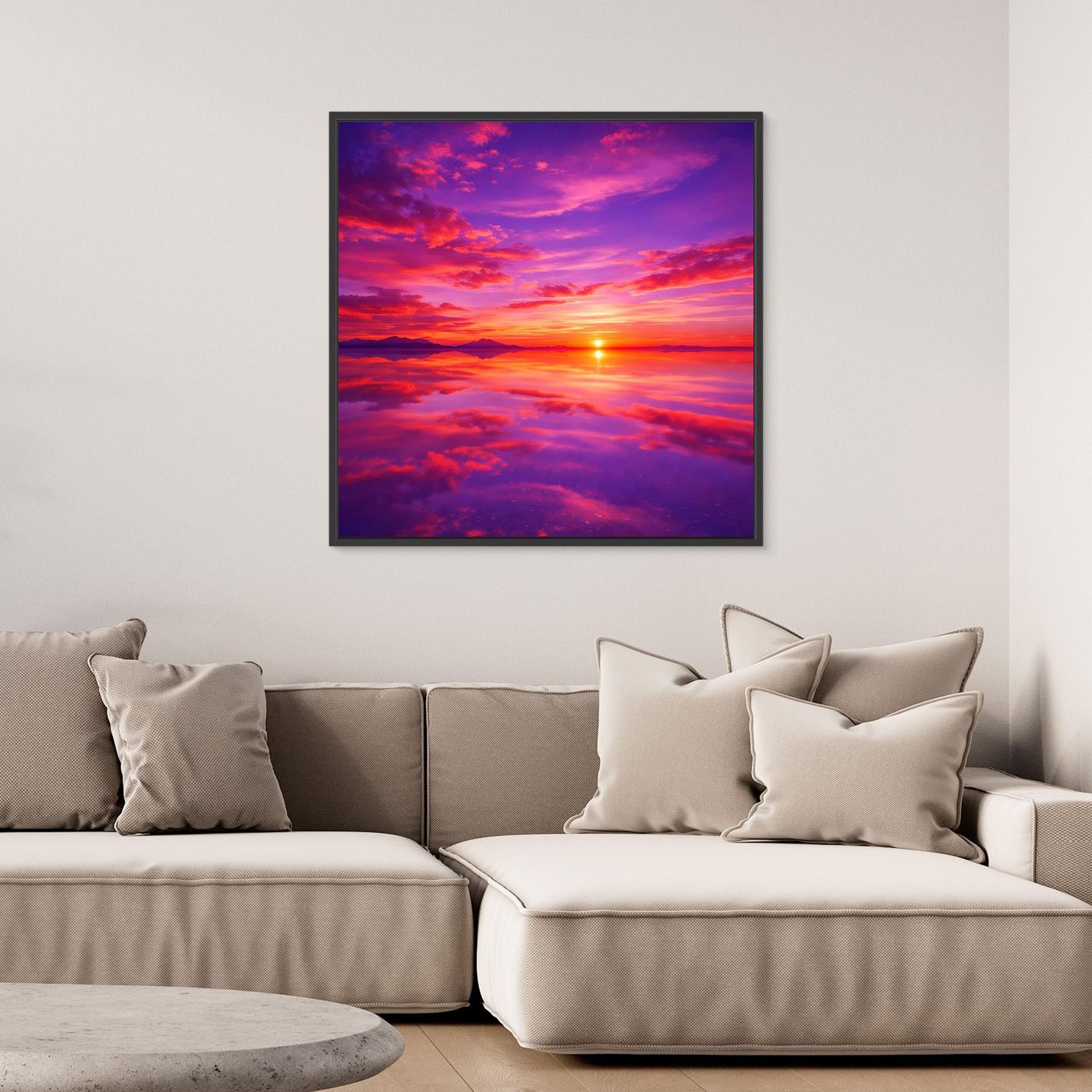 Leinwandbild mit Sonnenuntergang über dem Meer, kräftige Farben, schwarz gerahmt