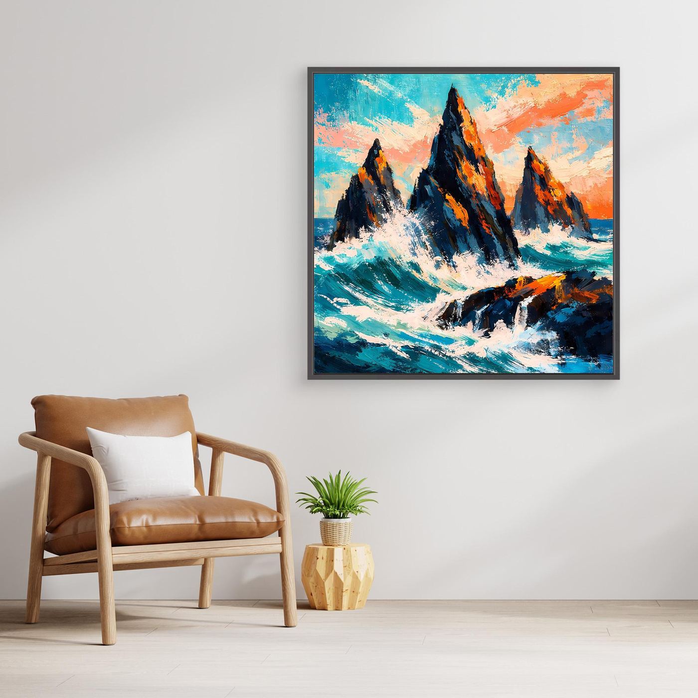 Gerahmtes Leinwand-Wandbild: dunkle Klippen in der Brandung, türkisblau mit orangefarbenen Akzenten