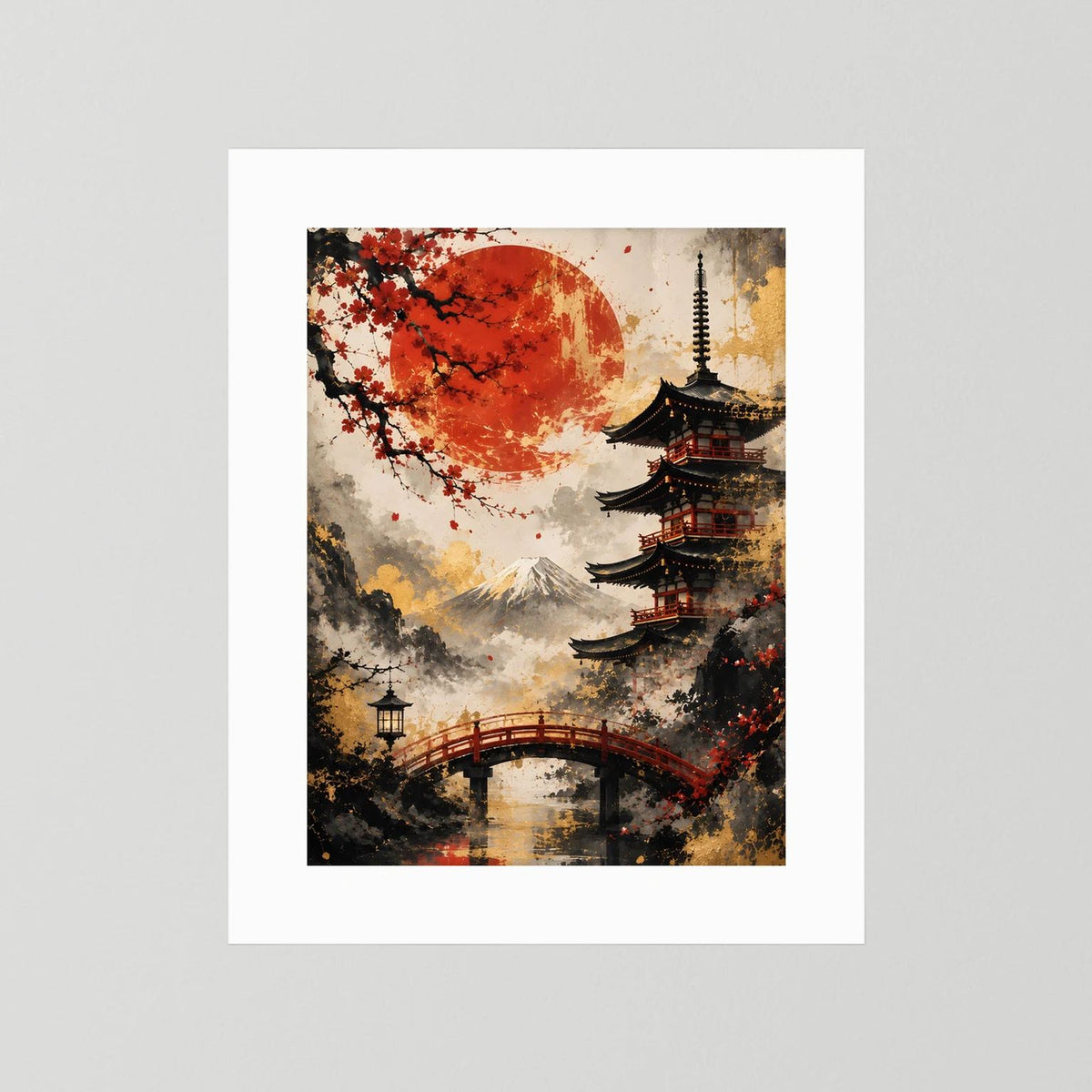 Gestaltetes Wandbild mit Pagode, roter Sonne, Kirschblüten und Brücke ohne Rahmen